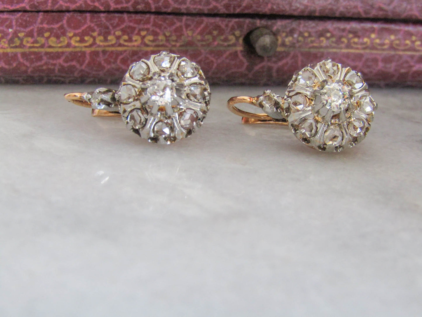 Antique Edwardian Diamond, Platinum, and Gold Daisy Cluster Earrings, Antique French Marguerite Diamond Earrings c. 1900