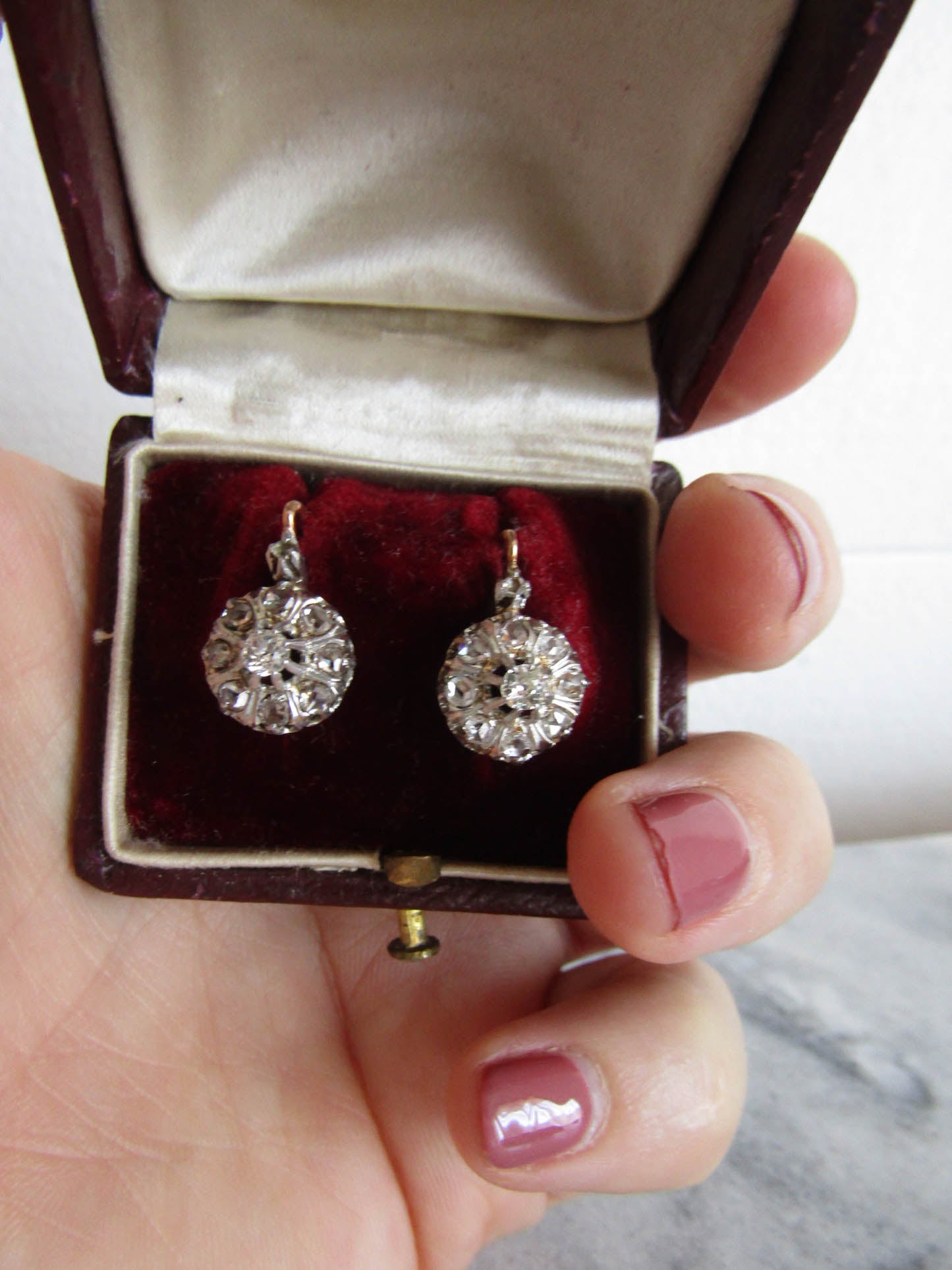 Antique Edwardian Diamond, Platinum, and Gold Daisy Cluster Earrings, Antique French Marguerite Diamond Earrings c. 1900