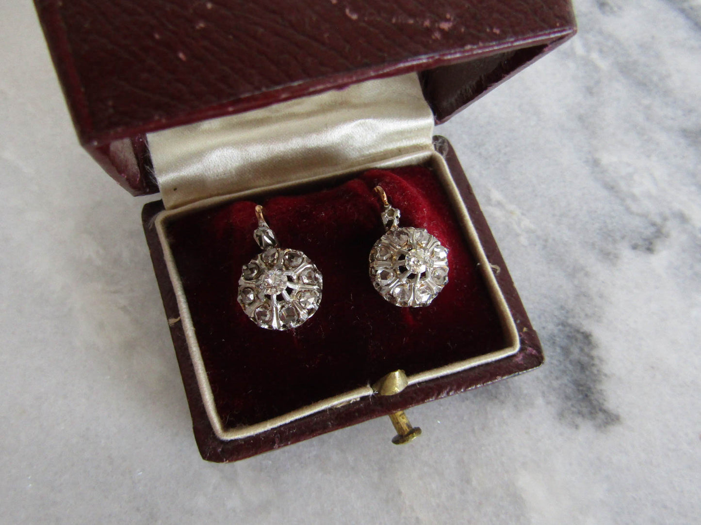 Antique Edwardian Diamond, Platinum, and Gold Daisy Cluster Earrings, Antique French Marguerite Diamond Earrings c. 1900