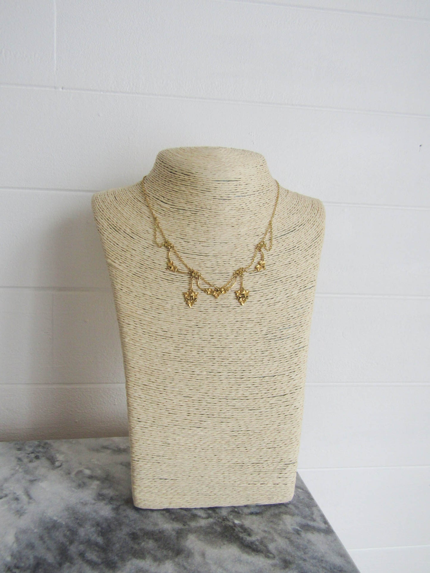 18K Solid Gold Art Nouveau Ivy Drapery Necklace, Delicate French Antique Jewelry