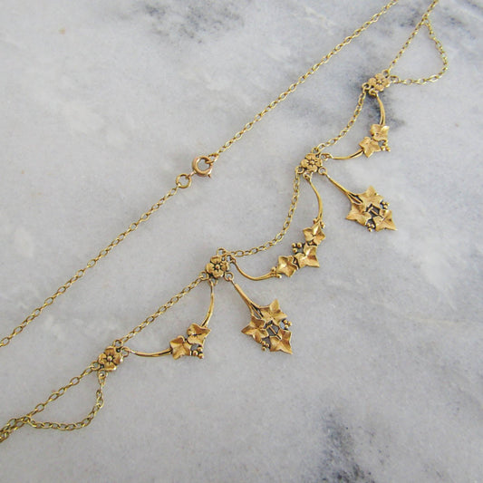 18K Solid Gold Art Nouveau Ivy Drapery Necklace, Delicate French Antique Jewelry