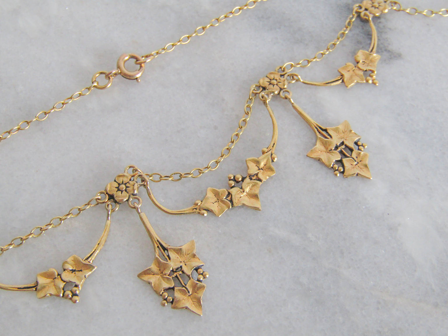 18K Solid Gold Art Nouveau Ivy Drapery Necklace, Delicate French Antique Jewelry