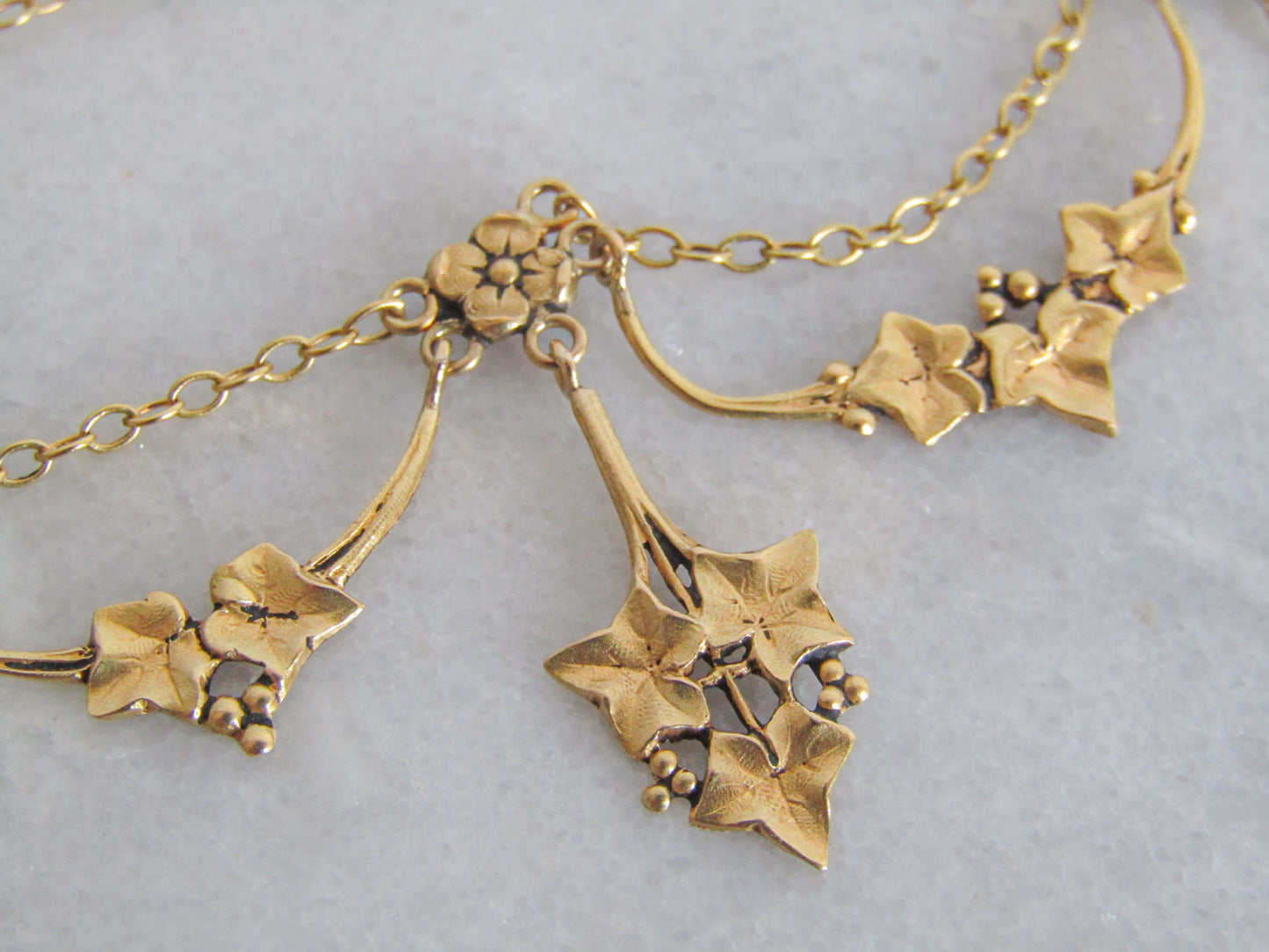 18K Solid Gold Art Nouveau Ivy Drapery Necklace, Delicate French Antique Jewelry