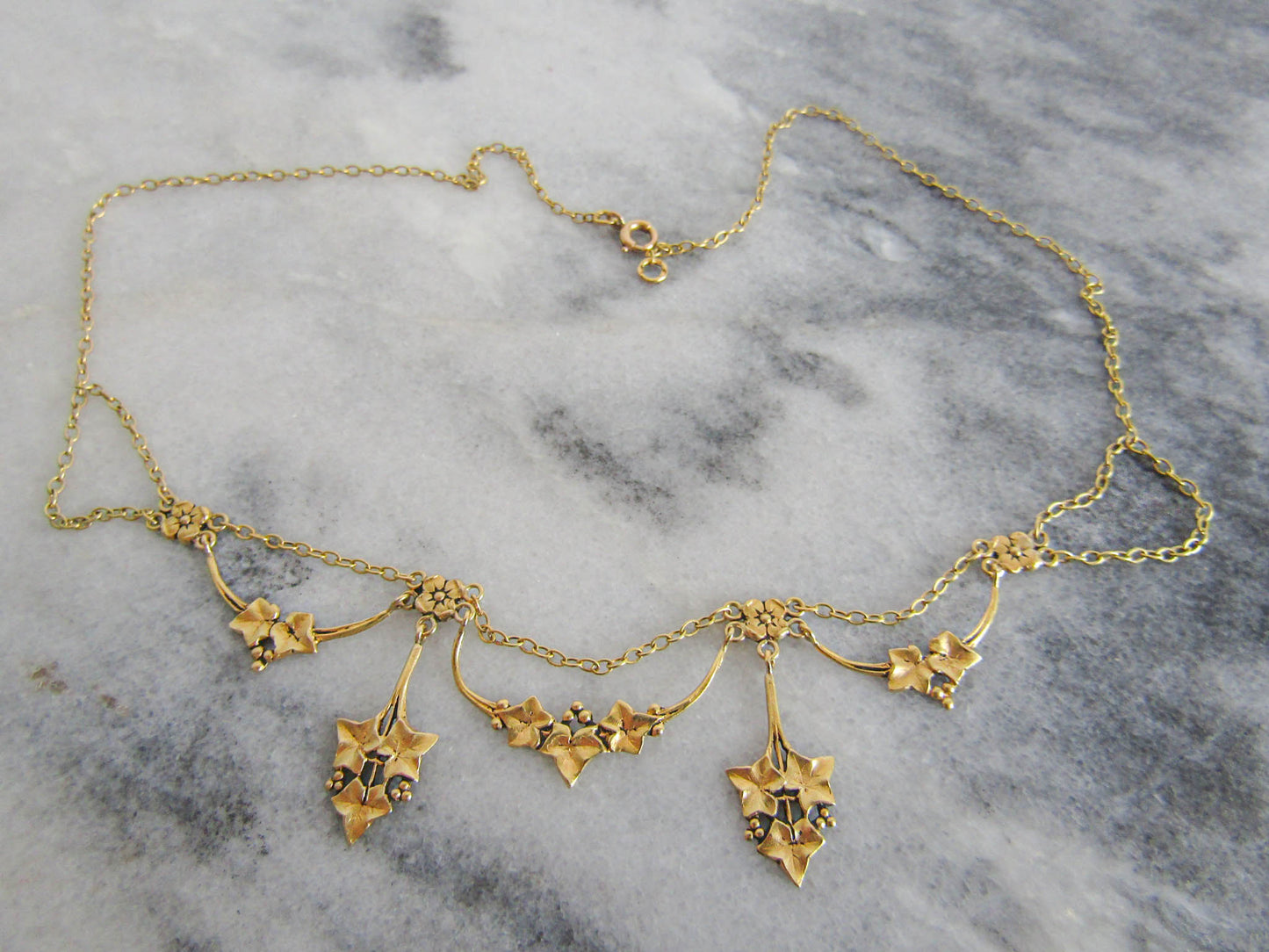 18K Solid Gold Art Nouveau Ivy Drapery Necklace, Delicate French Antique Jewelry