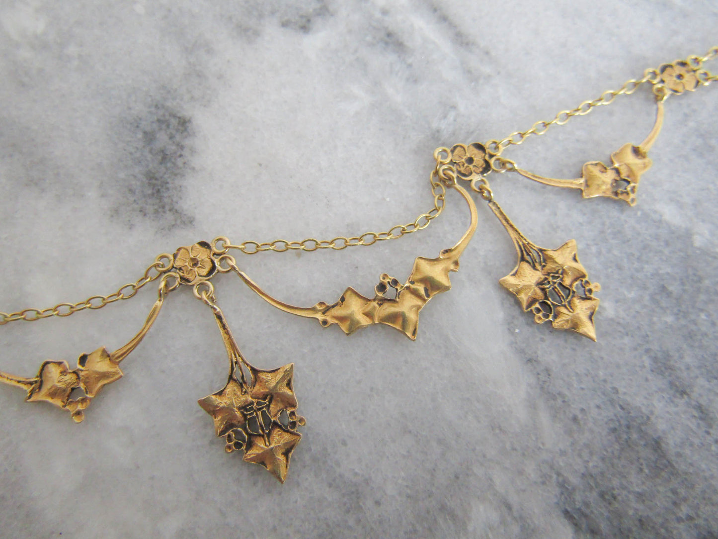 18K Solid Gold Art Nouveau Ivy Drapery Necklace, Delicate French Antique Jewelry