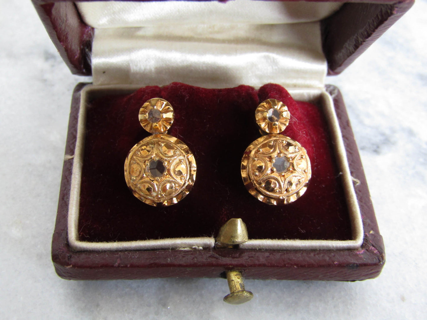 Vintage Victorian Revival Rose Cut White Sapphire Gold Plate Earrings