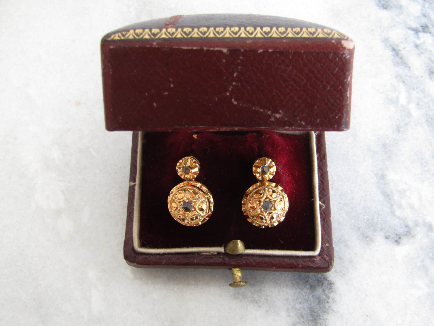 Vintage Victorian Revival Rose Cut White Sapphire Gold Plate Earrings