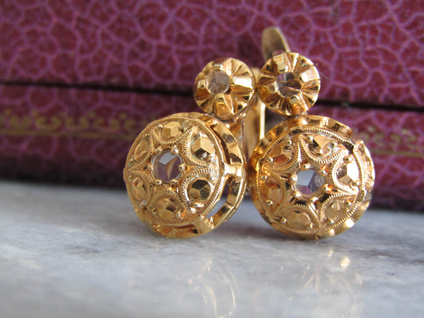 Vintage Victorian Revival Rose Cut White Sapphire Gold Plate Earrings