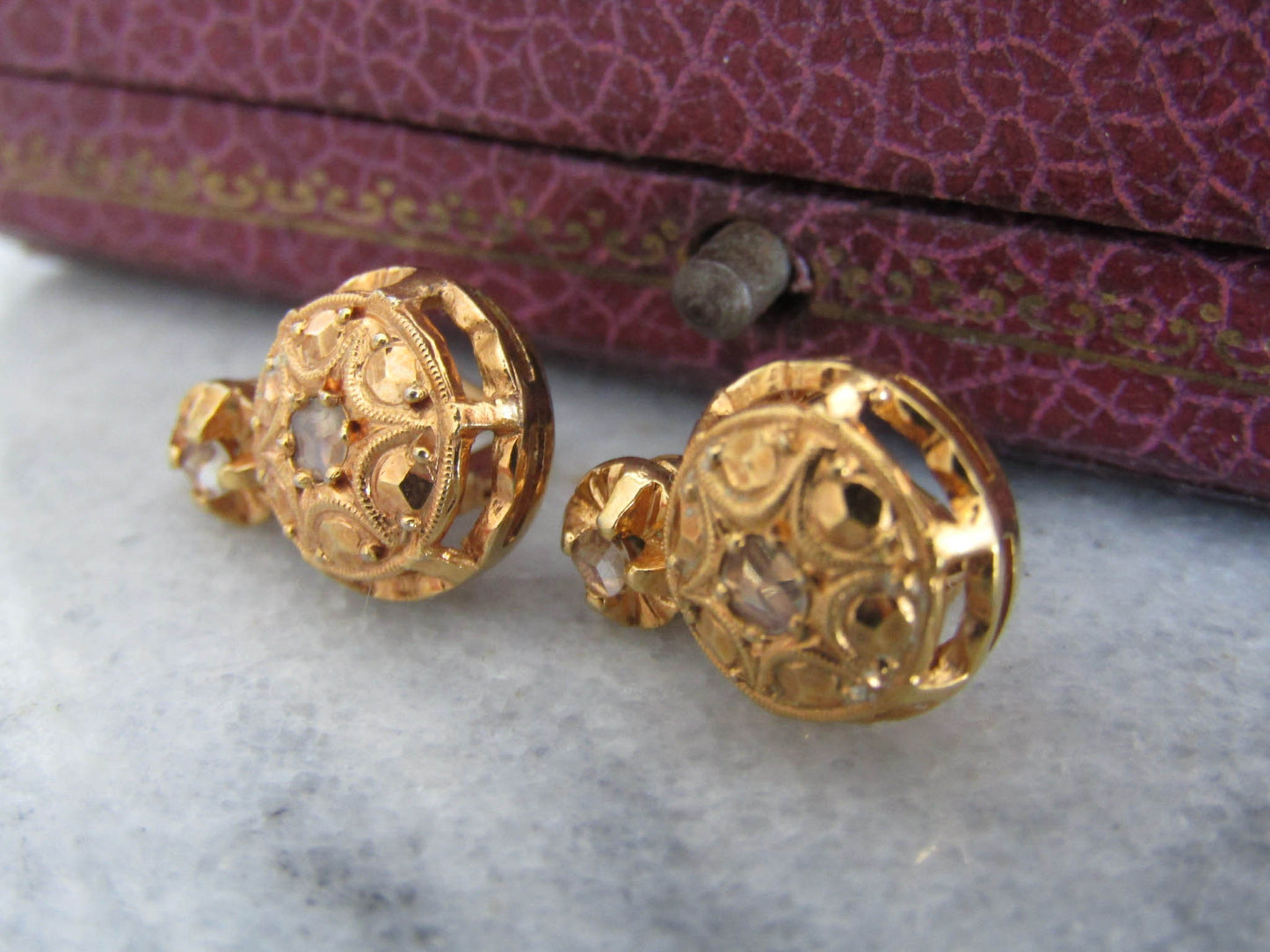 Vintage Victorian Revival Rose Cut White Sapphire Gold Plate Earrings