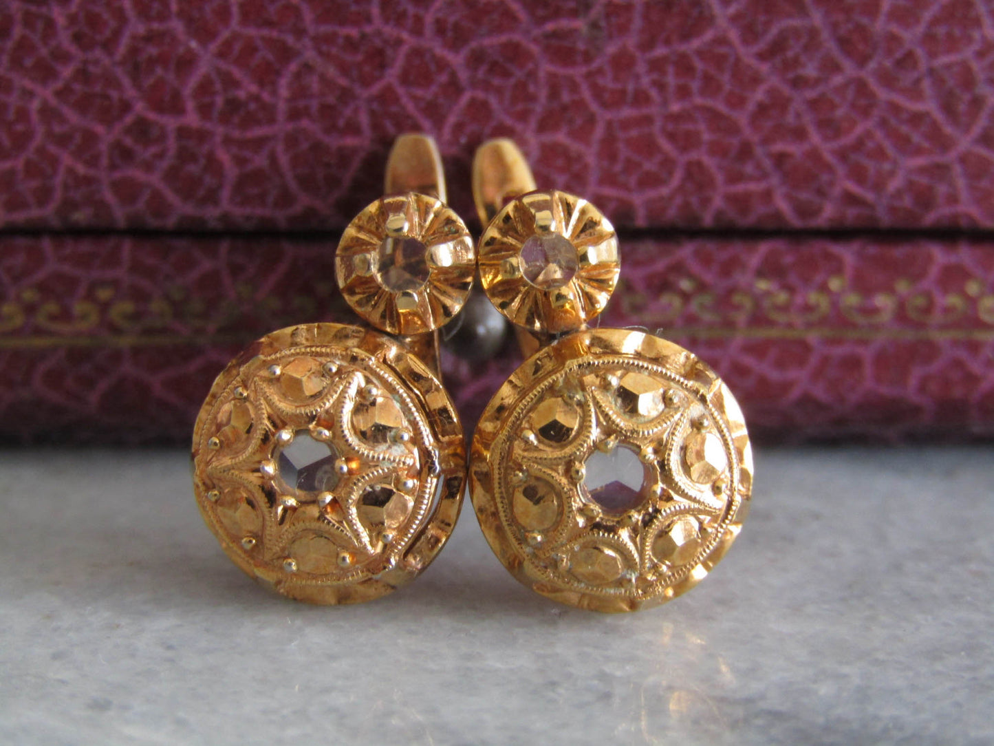 Vintage Victorian Revival Rose Cut White Sapphire Gold Plate Earrings