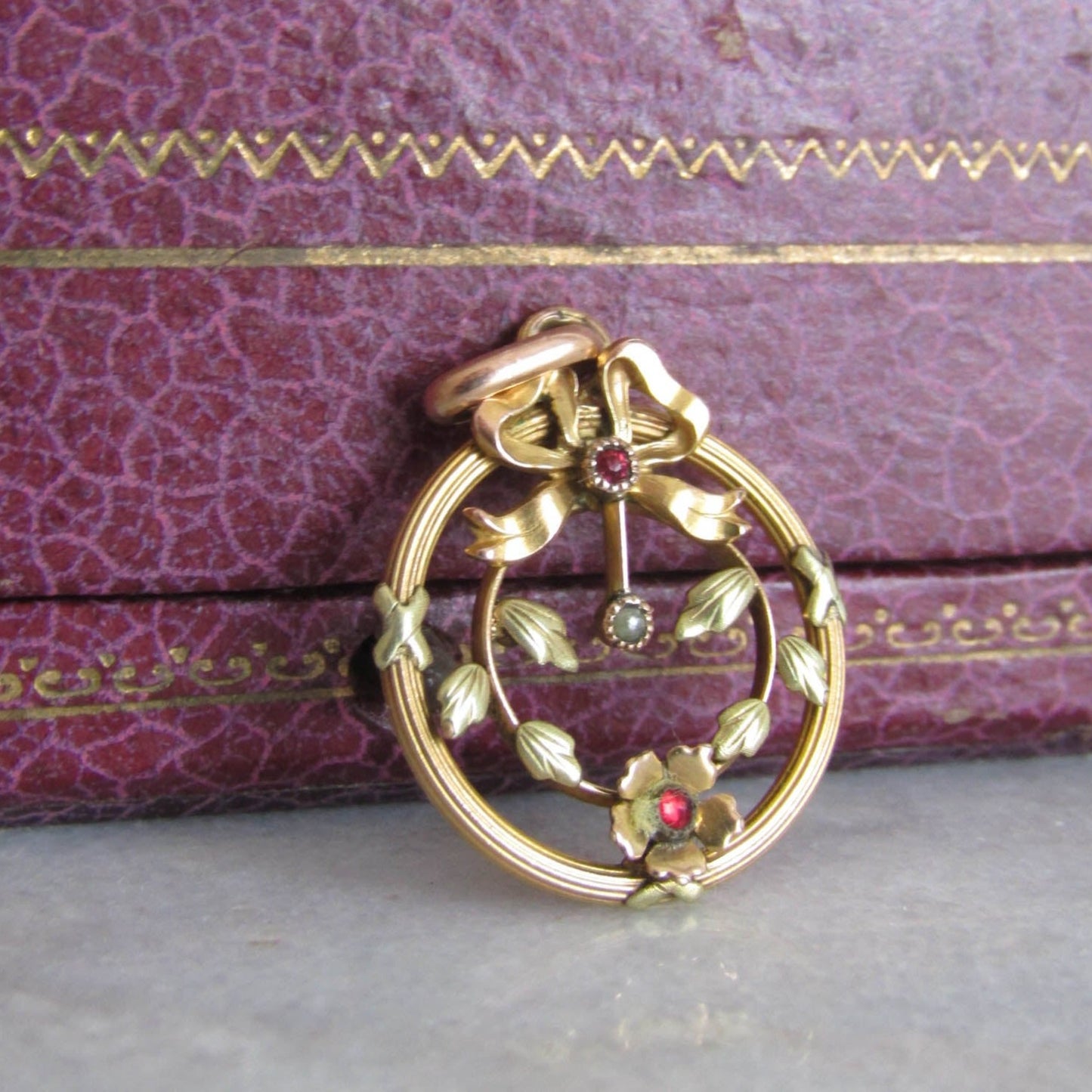 Art Nouveau Gold Filled Pendant with Garnet Paste Stones