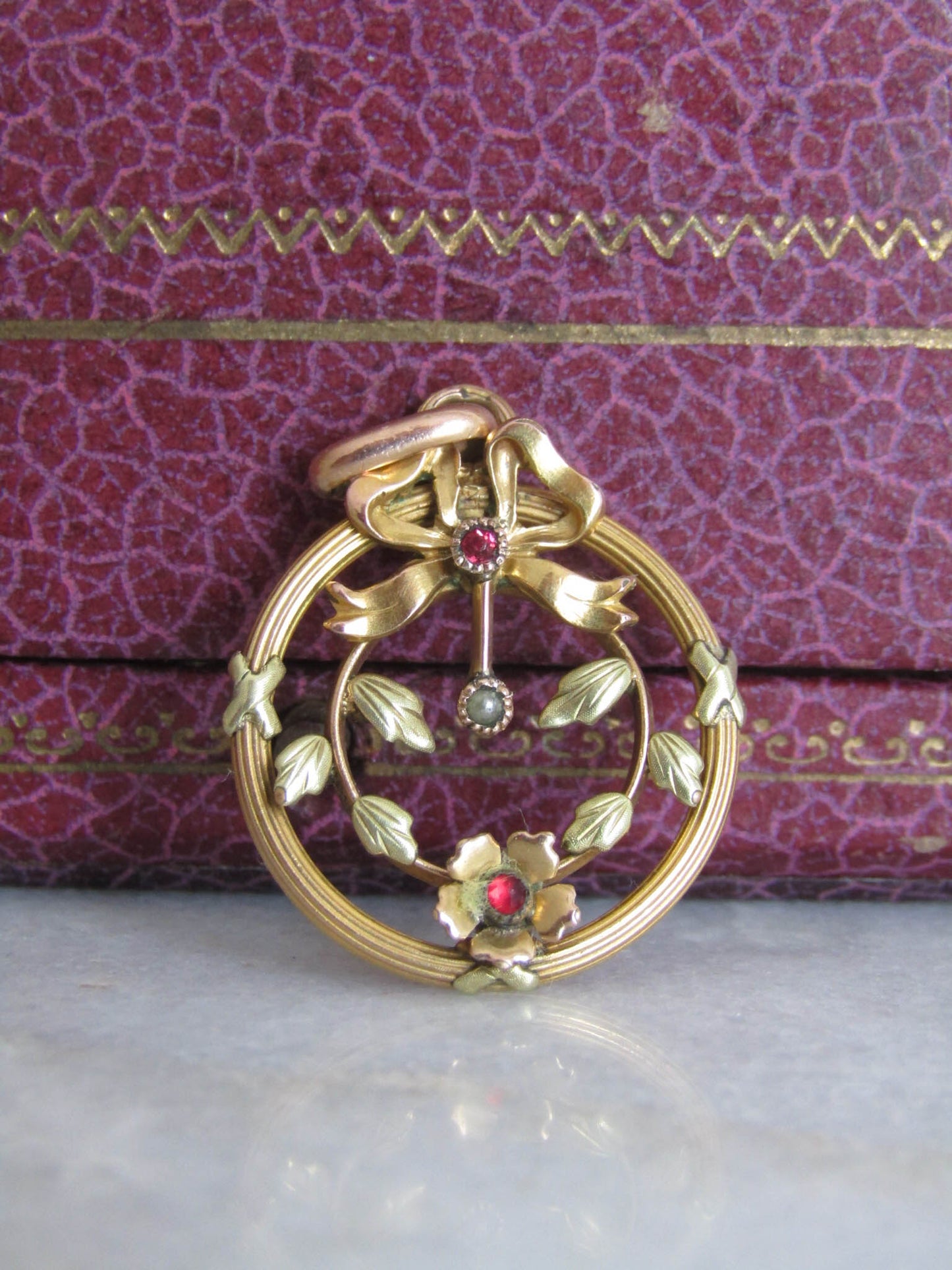 Art Nouveau Gold Filled Pendant with Garnet Paste Stones