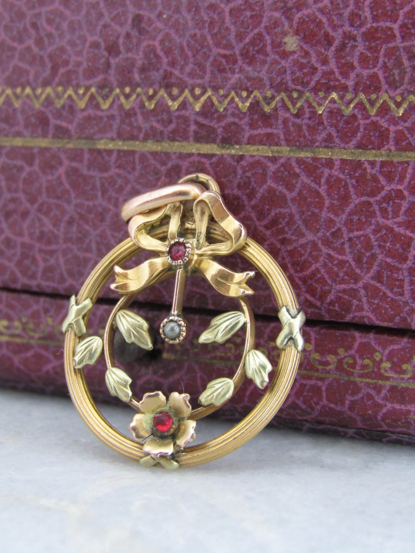 Art Nouveau Gold Filled Pendant with Garnet Paste Stones