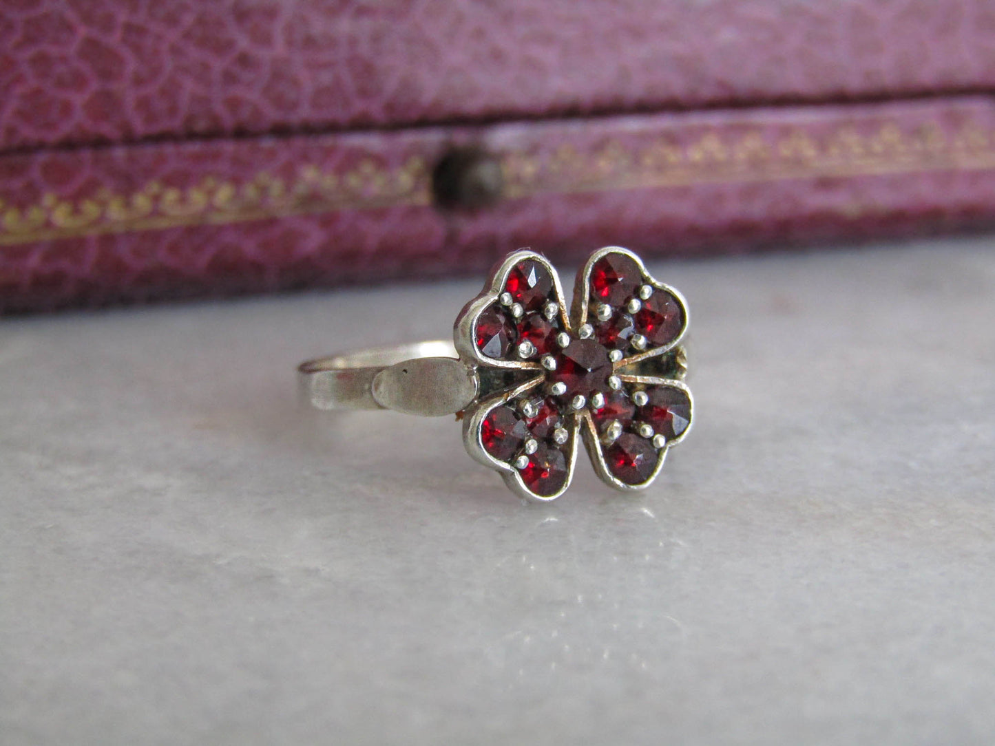 Vintage Rose Cut Garnet Lucky Shamrock Ring, Antique Silver Ring, Size 8