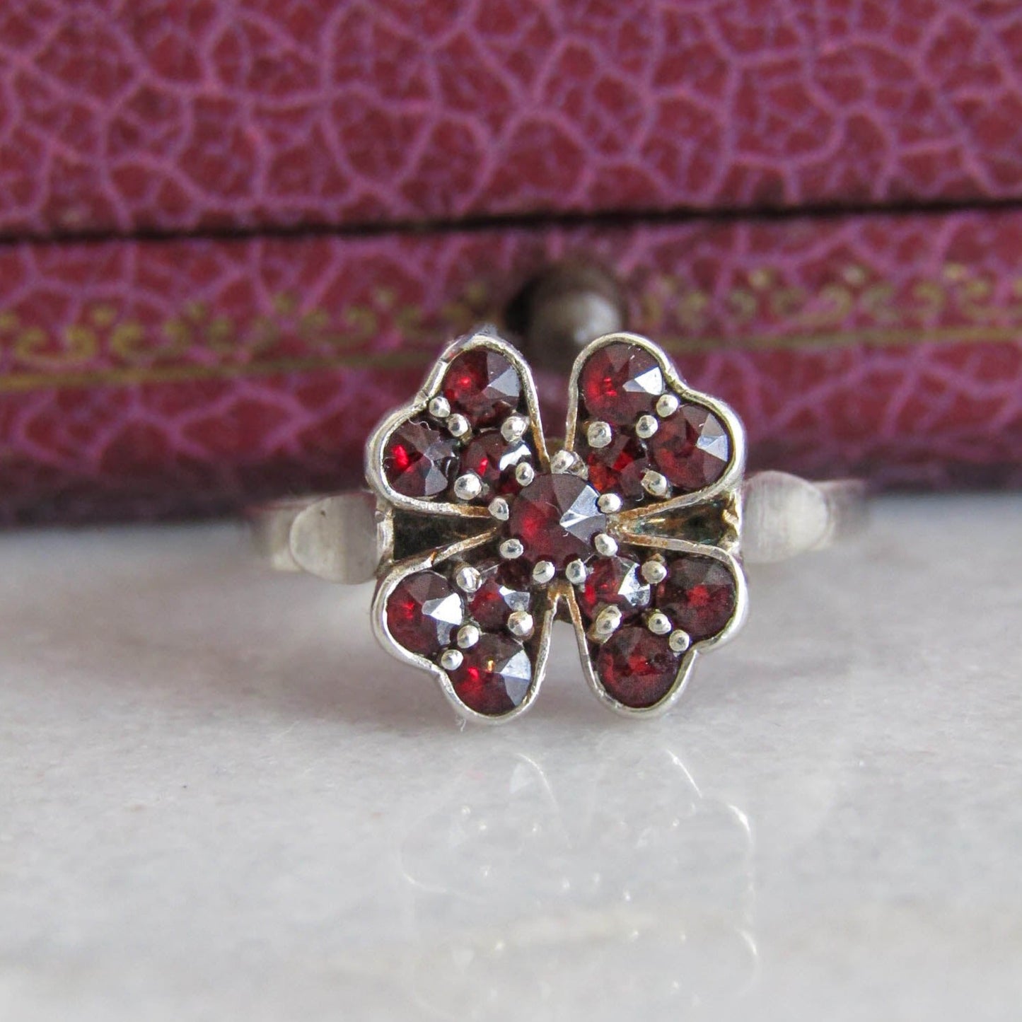 Vintage Rose Cut Garnet Lucky Shamrock Ring, Antique Silver Ring, Size 8