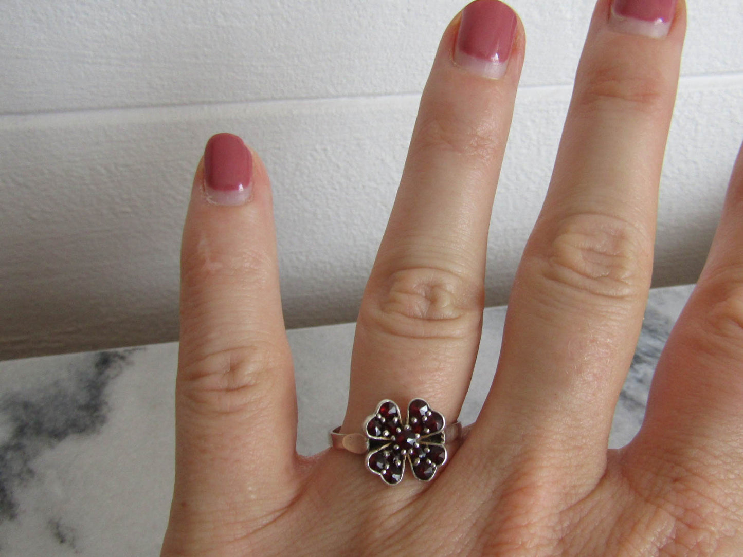 Vintage Rose Cut Garnet Lucky Shamrock Ring, Antique Silver Ring, Size 8