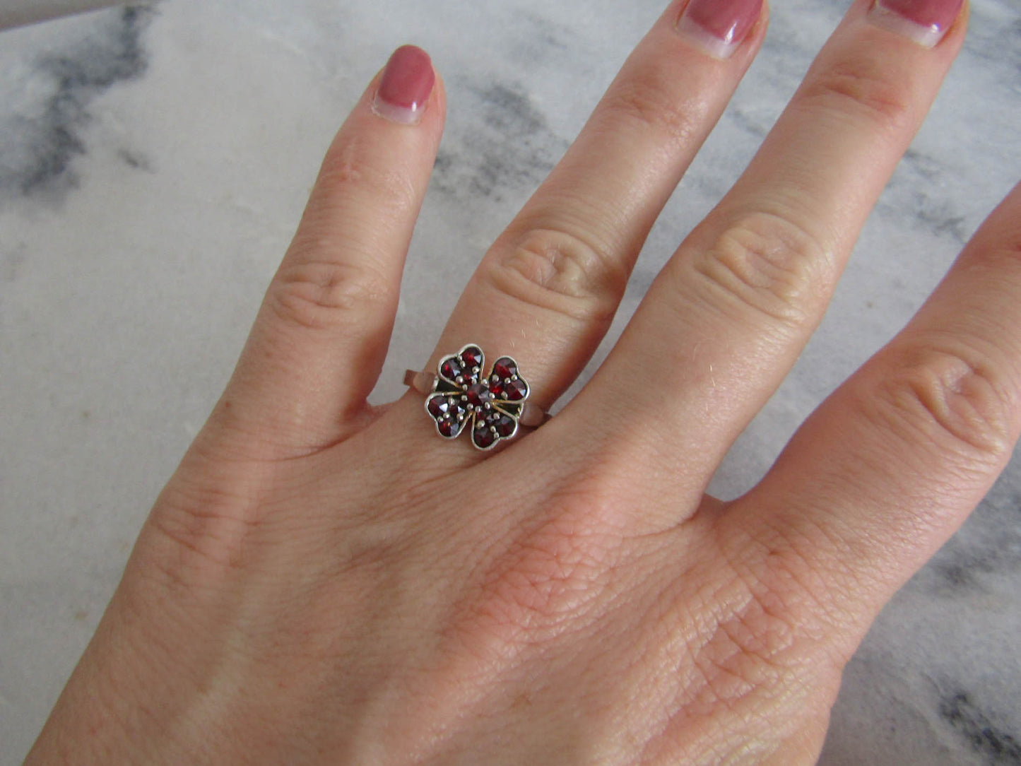 Vintage Rose Cut Garnet Lucky Shamrock Ring, Antique Silver Ring, Size 8