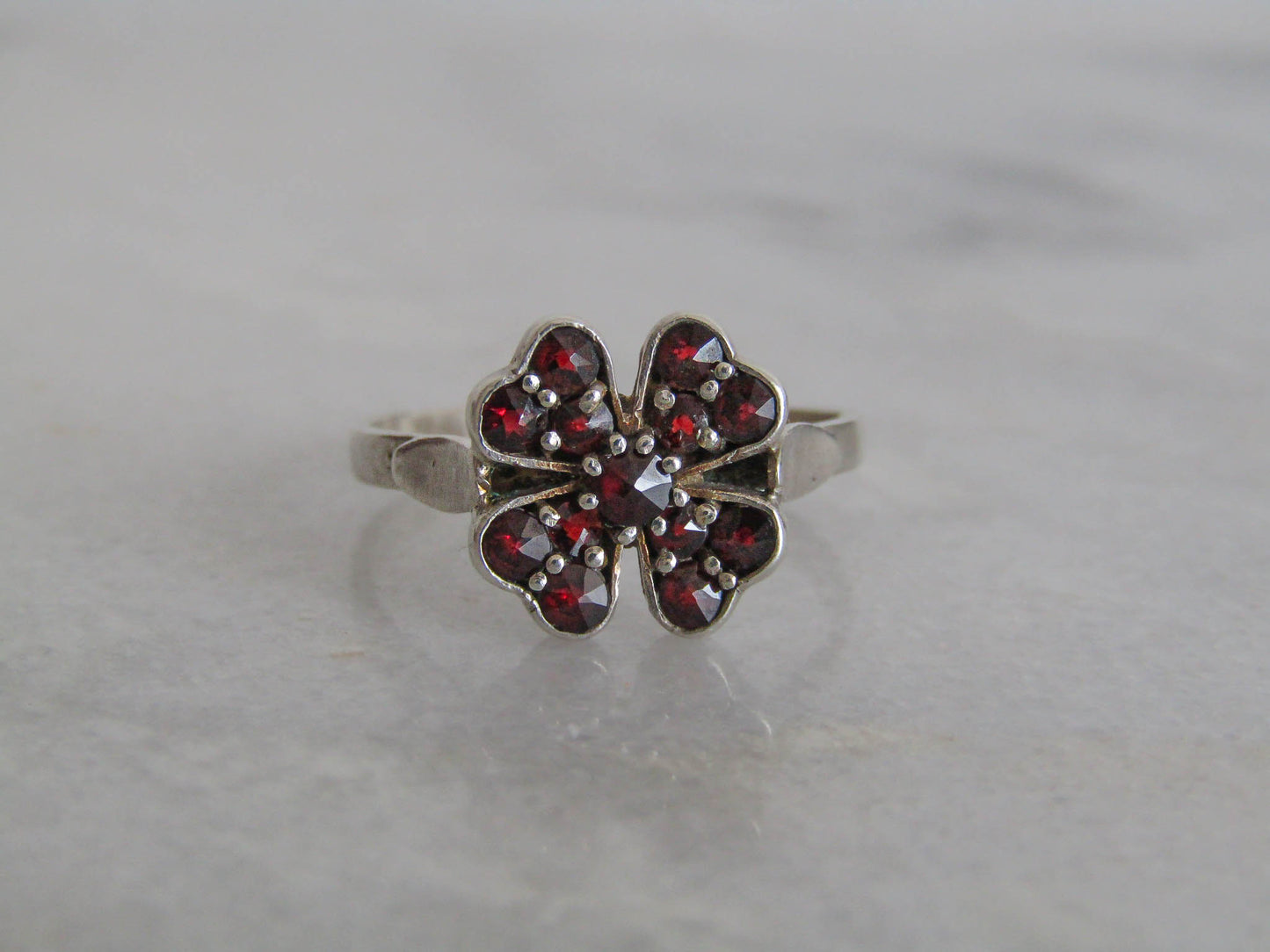 Vintage Rose Cut Garnet Lucky Shamrock Ring, Antique Silver Ring, Size 8