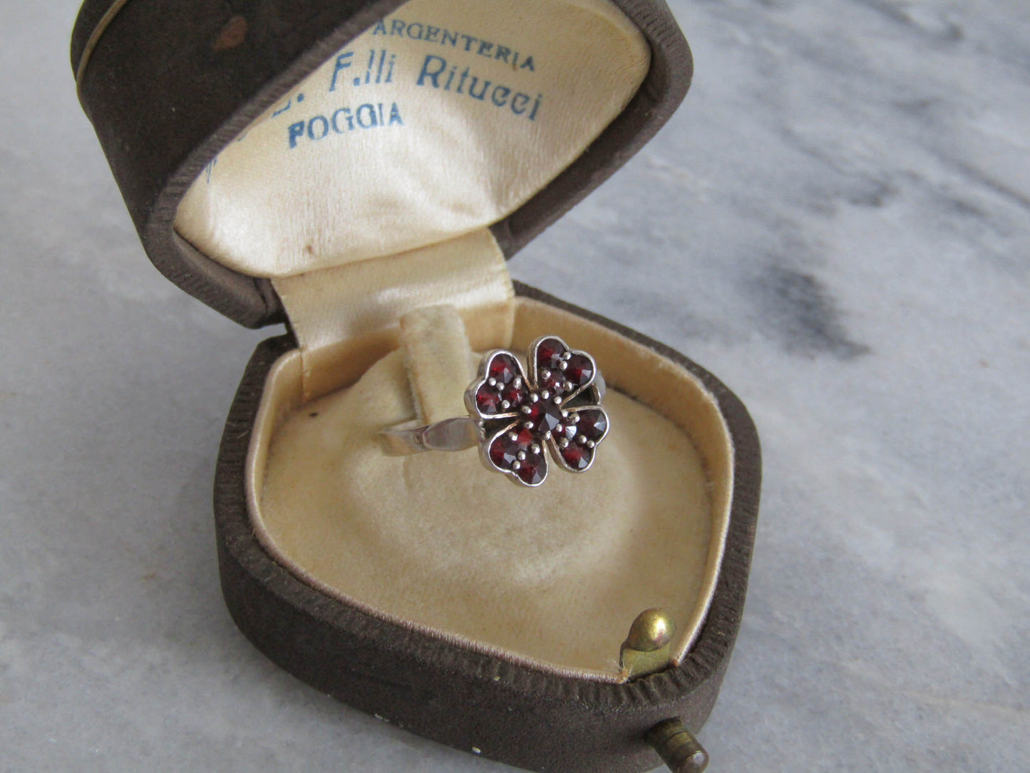 Vintage Rose Cut Garnet Lucky Shamrock Ring, Antique Silver Ring, Size 8