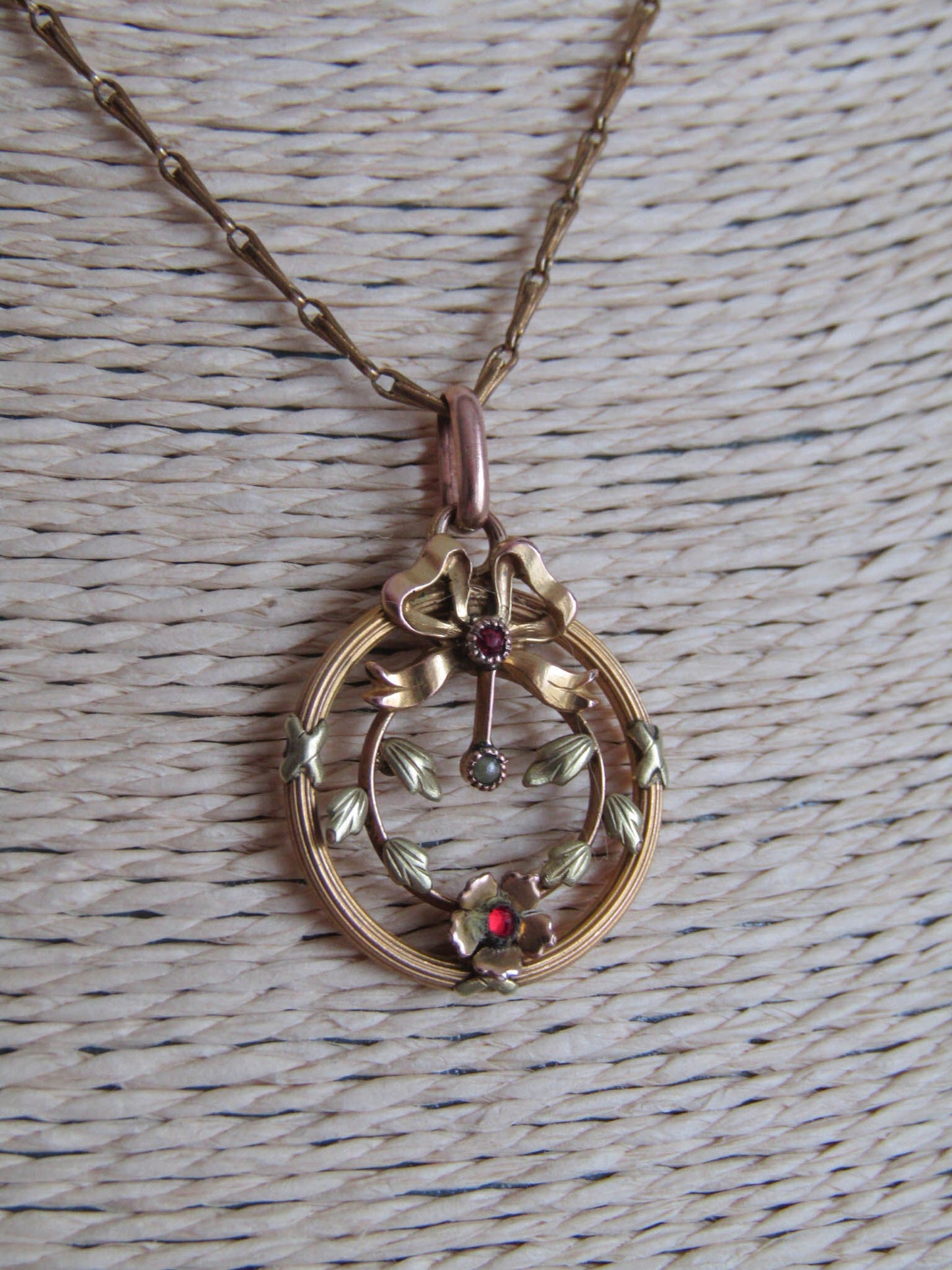 Art Nouveau Gold Filled Pendant with Garnet Paste Stones