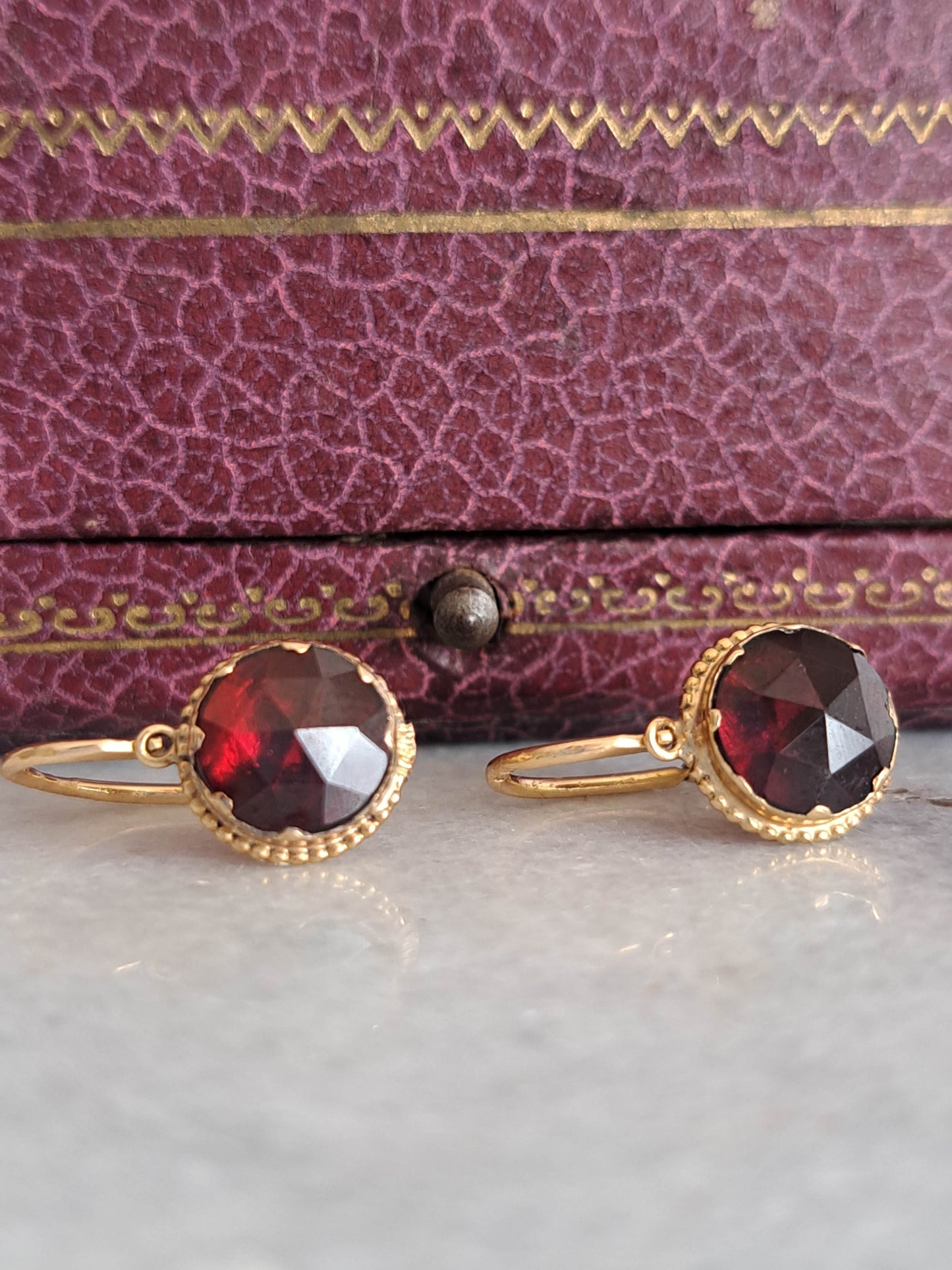 Antique Perpignan Garnet Foiled Dormeuse Earrings, Belle Epoque Garnet Foiled Earrings