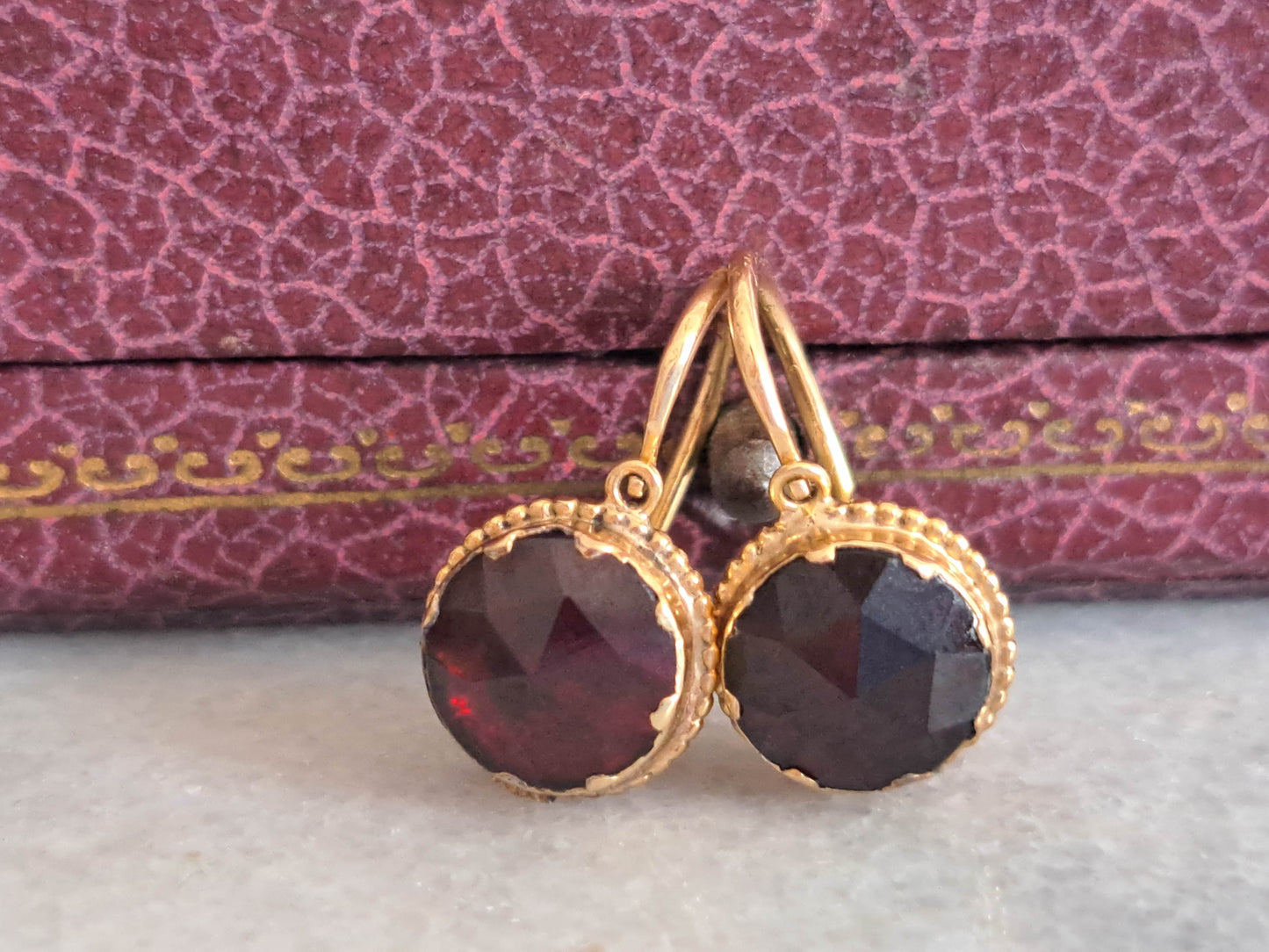 Antique Perpignan Garnet Foiled Dormeuse Earrings, Belle Epoque Garnet Foiled Earrings