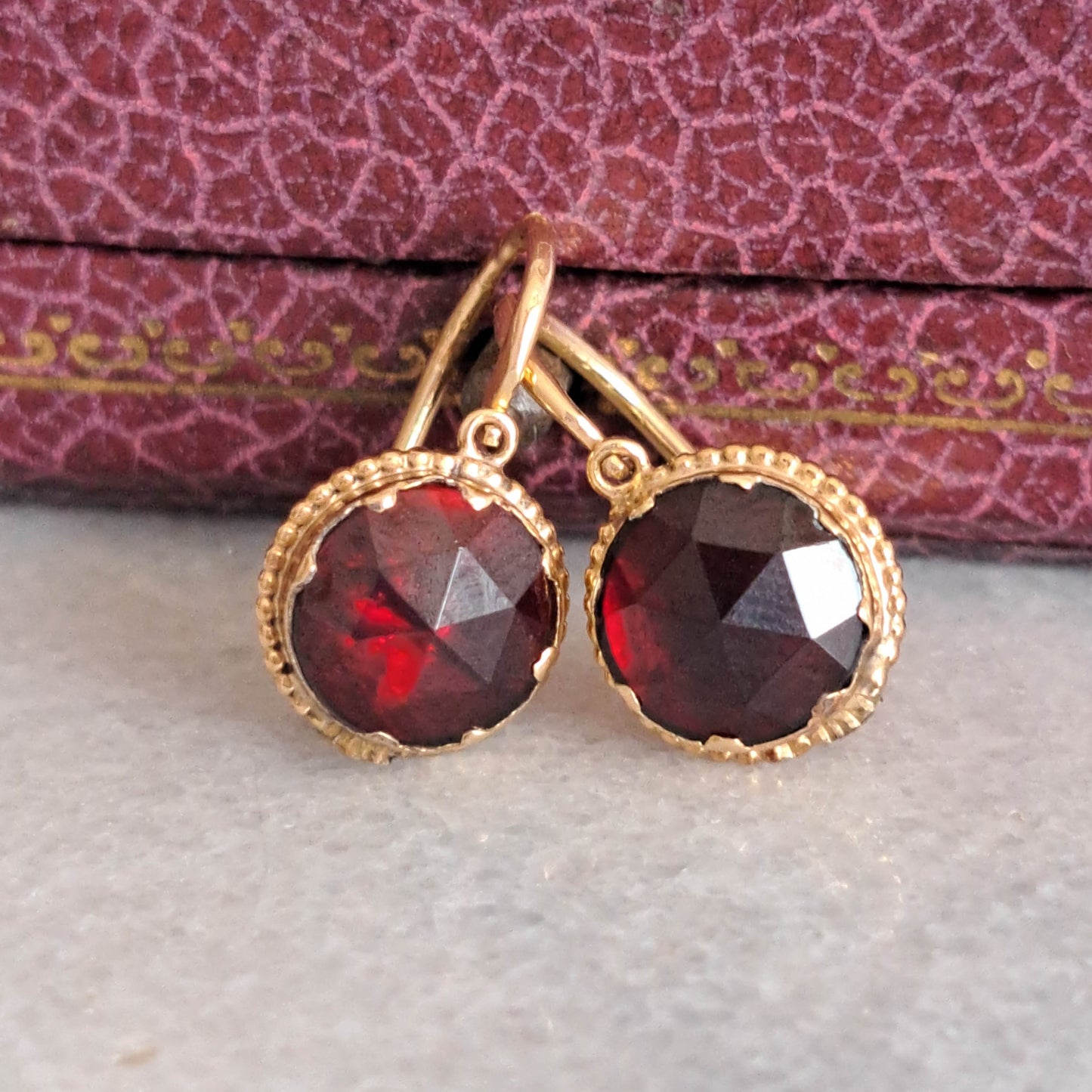 Antique Perpignan Garnet Foiled Dormeuse Earrings, Belle Epoque Garnet Foiled Earrings