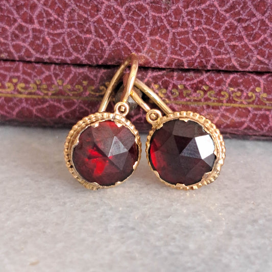 Antique Perpignan Garnet Foiled Dormeuse Earrings, Belle Epoque Garnet Foiled Earrings