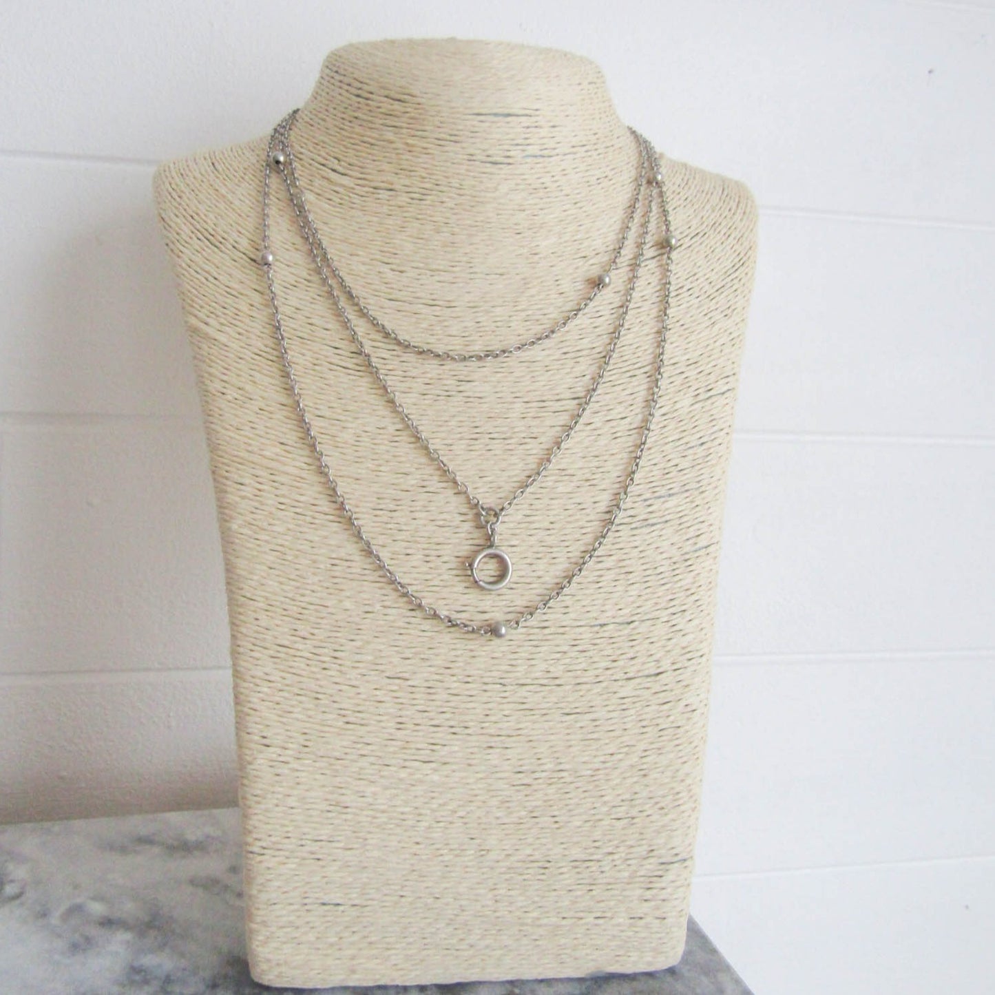 58" Antique French Silver Station Necklace Long Guard Chain, Muff Chain