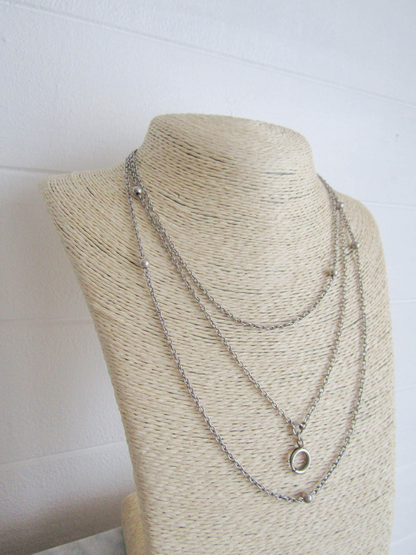 58" Antique French Silver Station Necklace Long Guard Chain, Muff Chain