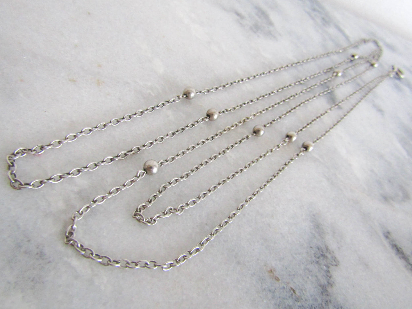 58" Antique French Silver Station Necklace Long Guard Chain, Muff Chain