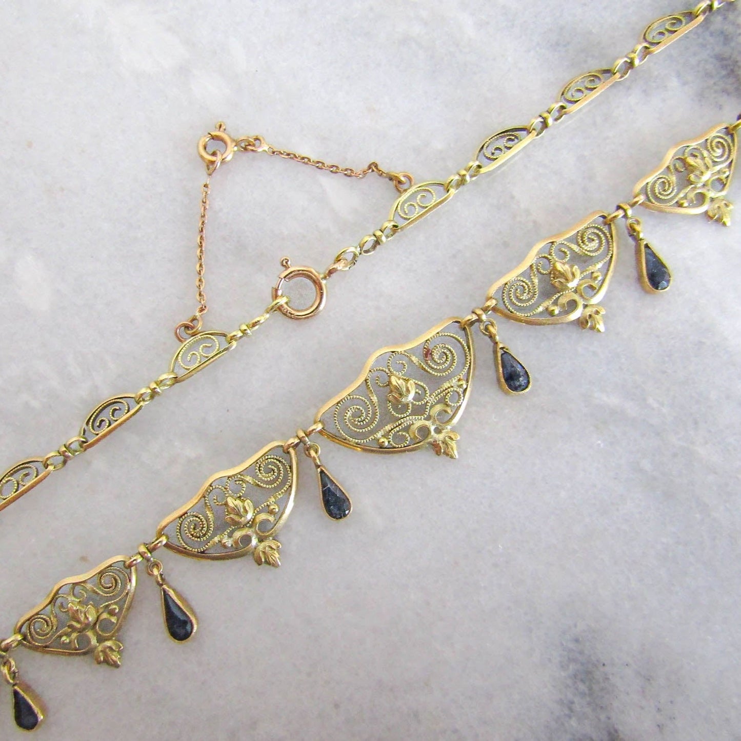 Antique 18K Gold and Sapphire Paste Filigree Drapery Necklace, Art Nouveau French Filigree Chain Necklace