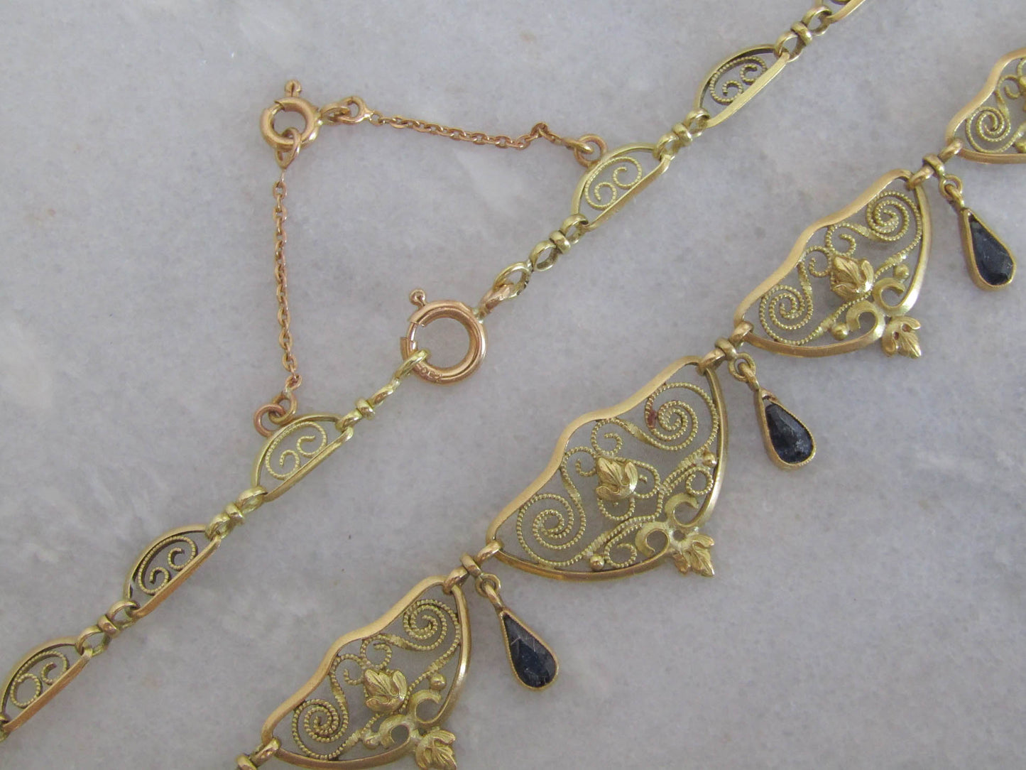 Antique 18K Gold and Sapphire Paste Filigree Drapery Necklace, Art Nouveau French Filigree Chain Necklace