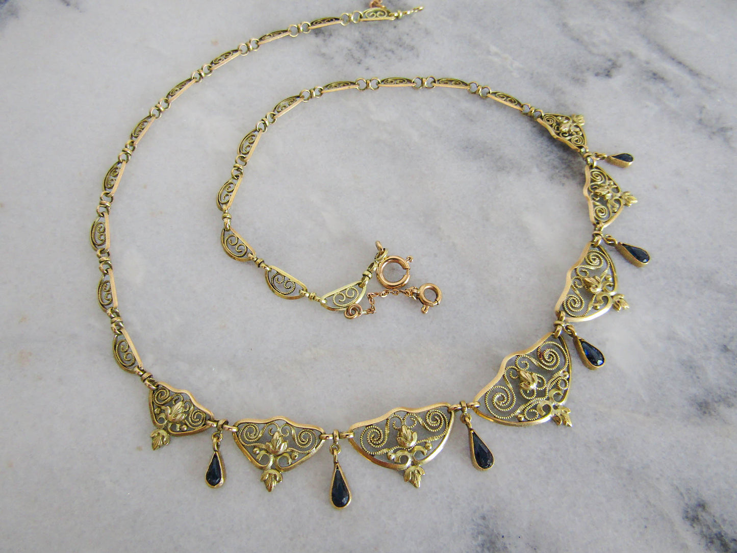 Antique 18K Gold and Sapphire Paste Filigree Drapery Necklace, Art Nouveau French Filigree Chain Necklace