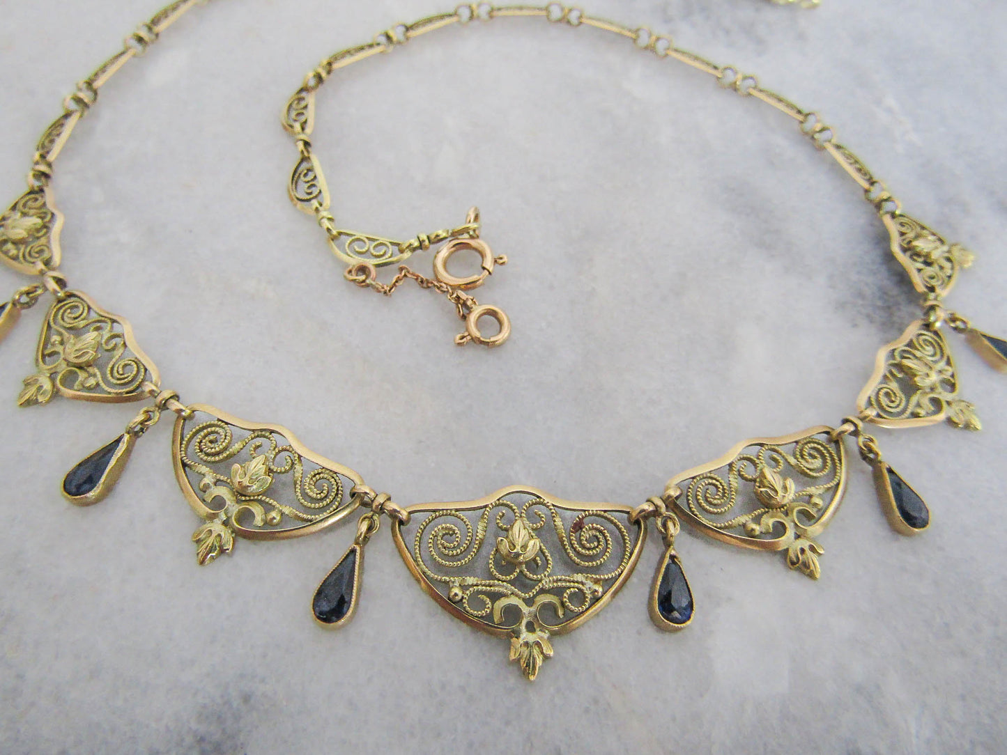 Antique 18K Gold and Sapphire Paste Filigree Drapery Necklace, Art Nouveau French Filigree Chain Necklace