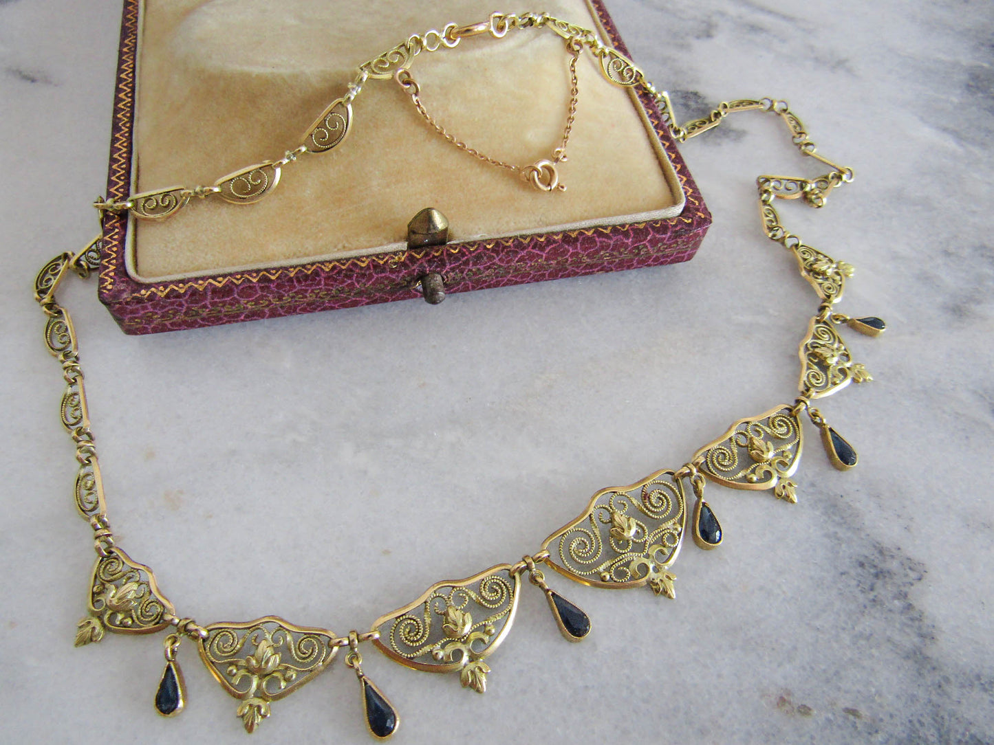 Antique 18K Gold and Sapphire Paste Filigree Drapery Necklace, Art Nouveau French Filigree Chain Necklace