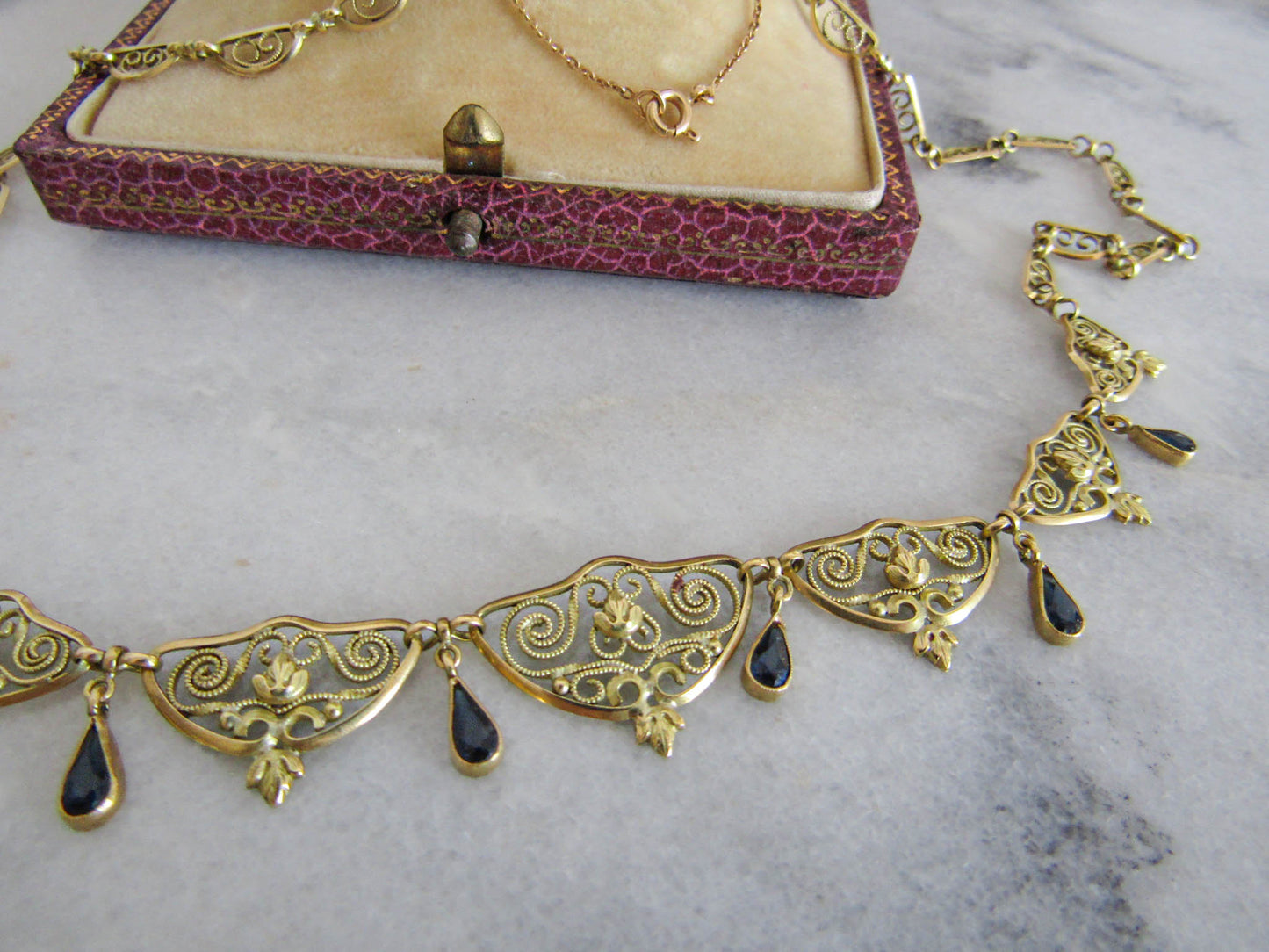 Antique 18K Gold and Sapphire Paste Filigree Drapery Necklace, Art Nouveau French Filigree Chain Necklace