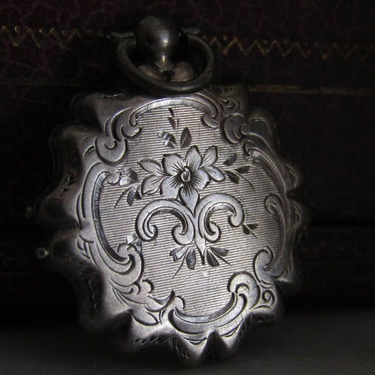 Antique French Engine Turned Locket, French Silver Victorian Locket