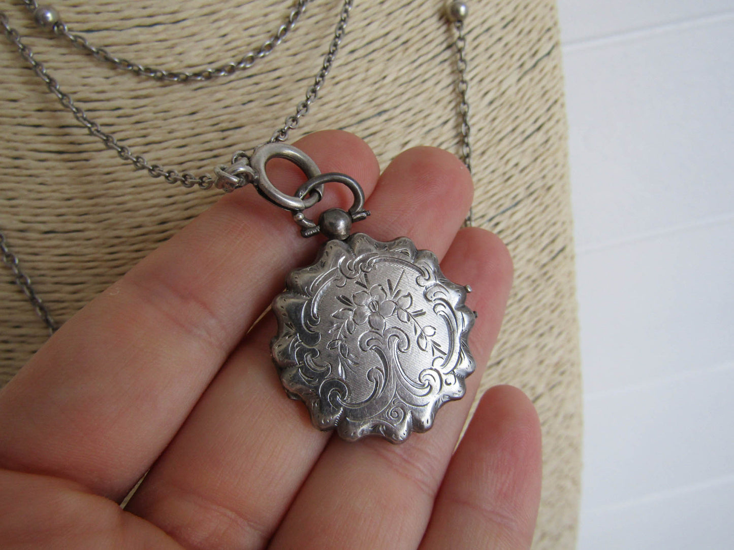 Antique French Engine Turned Locket, French Silver Victorian Locket