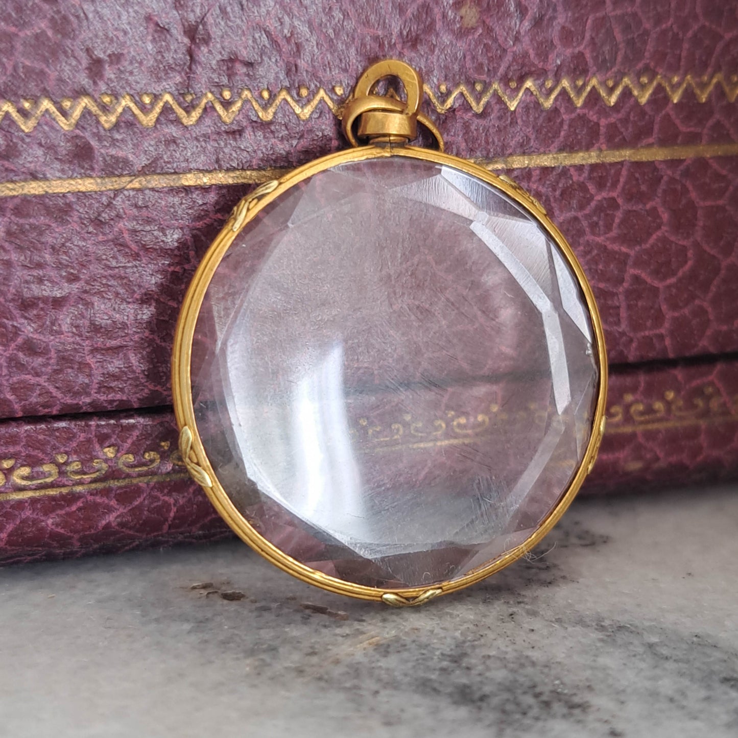 Original Box - Antique 18k Beveled Glass Locket with Reed and Cross Hatch Frame in Original Box, French Shaker Locket