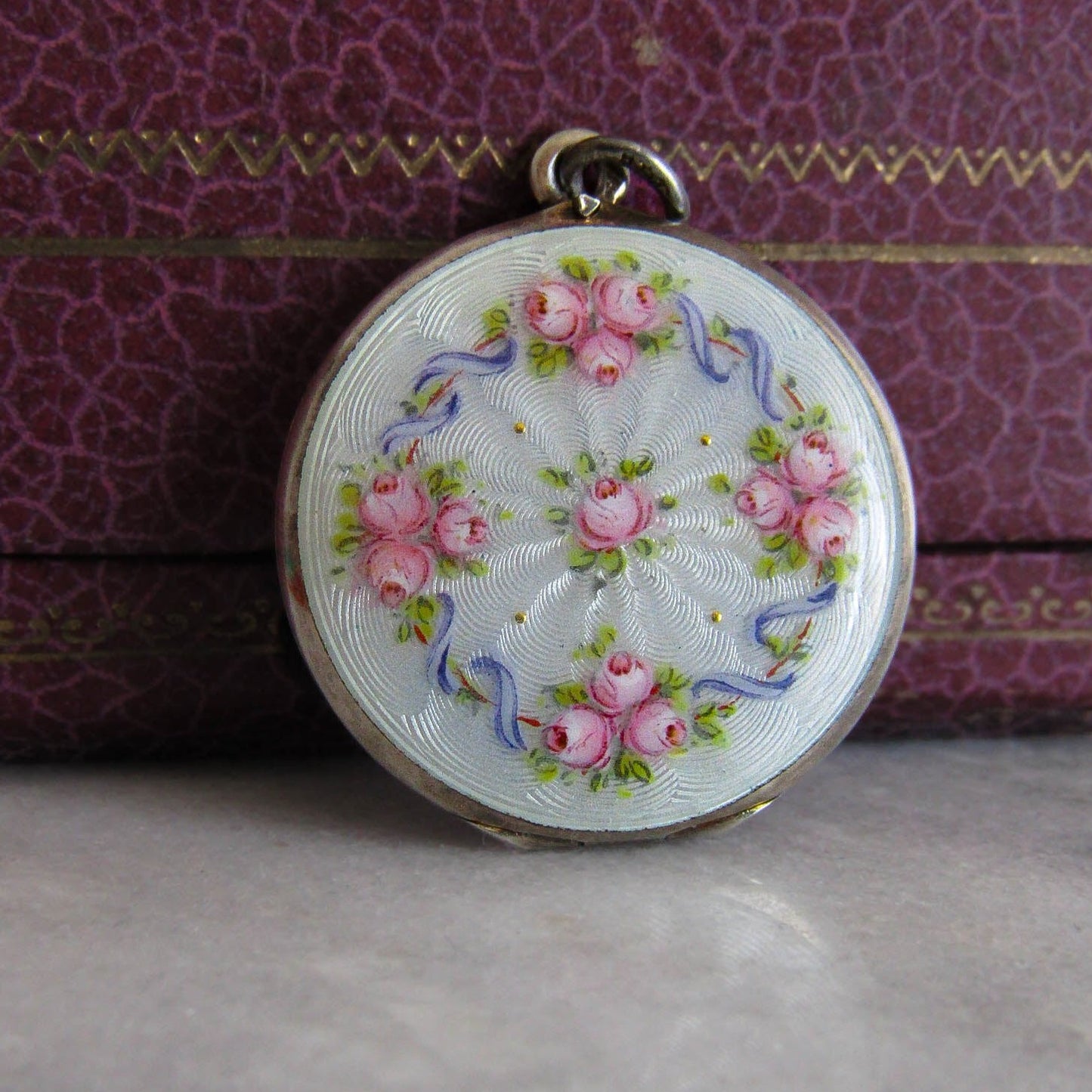 Antique Guilloche Engine Turned Enamel Locket, Hand Painted Floral Locket c. 1920