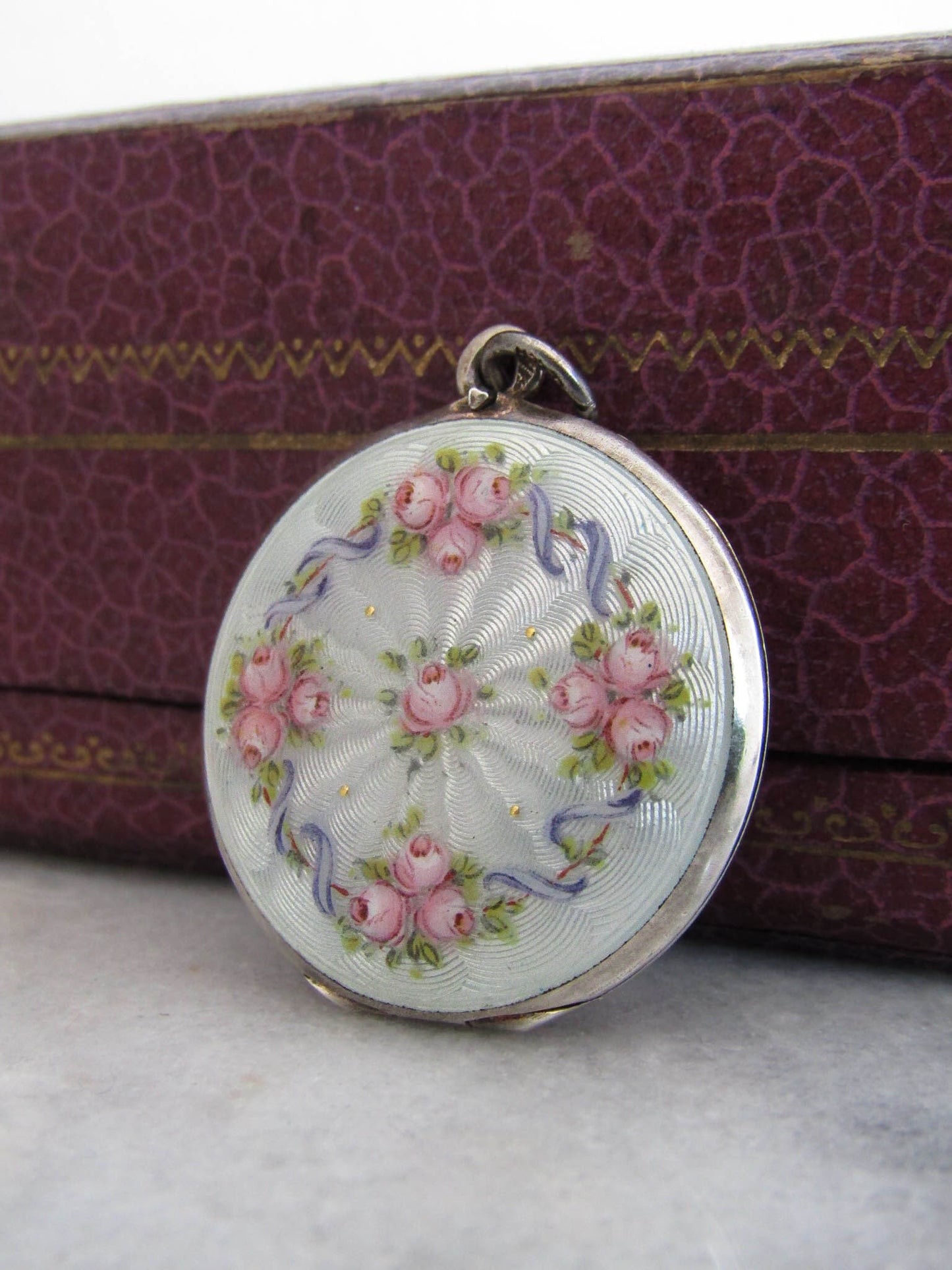 Antique Guilloche Engine Turned Enamel Locket, Hand Painted Floral Locket c. 1920