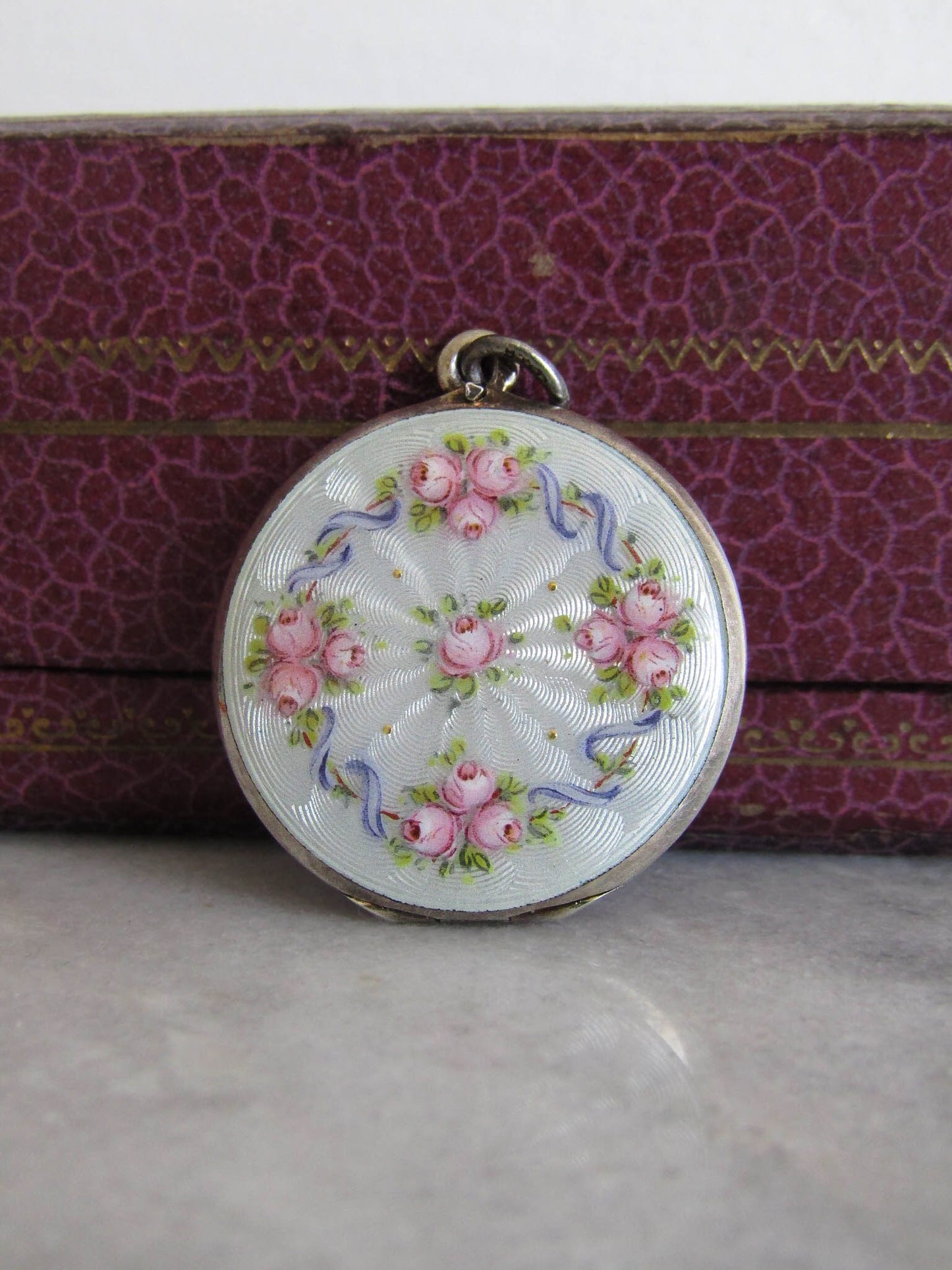 Antique Guilloche Engine Turned Enamel Locket, Hand Painted Floral Locket c. 1920