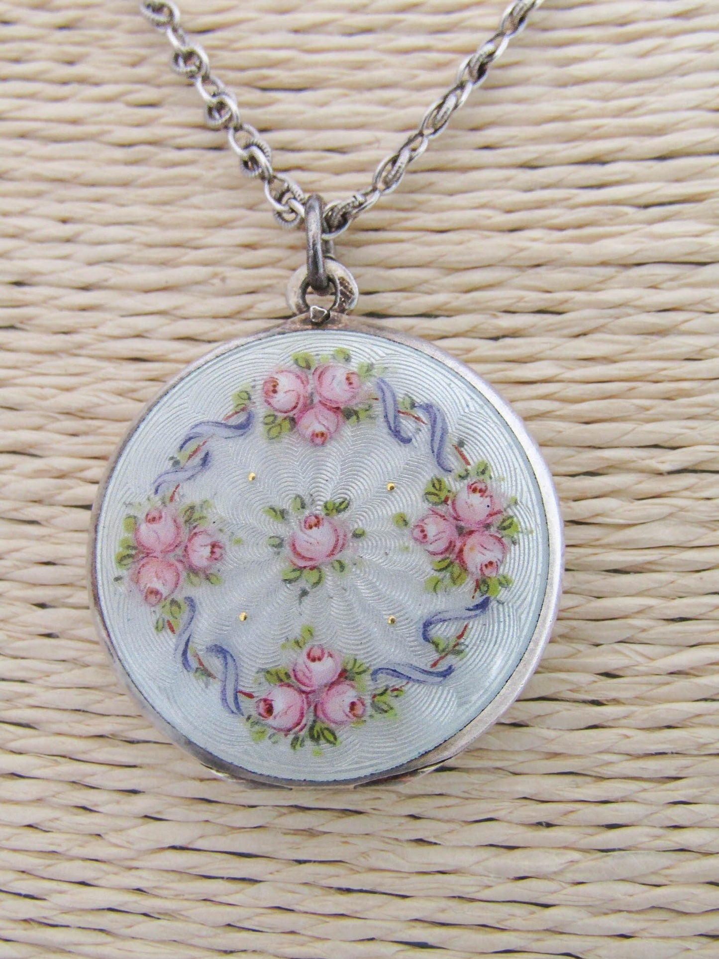 Antique Guilloche Engine Turned Enamel Locket, Hand Painted Floral Locket c. 1920