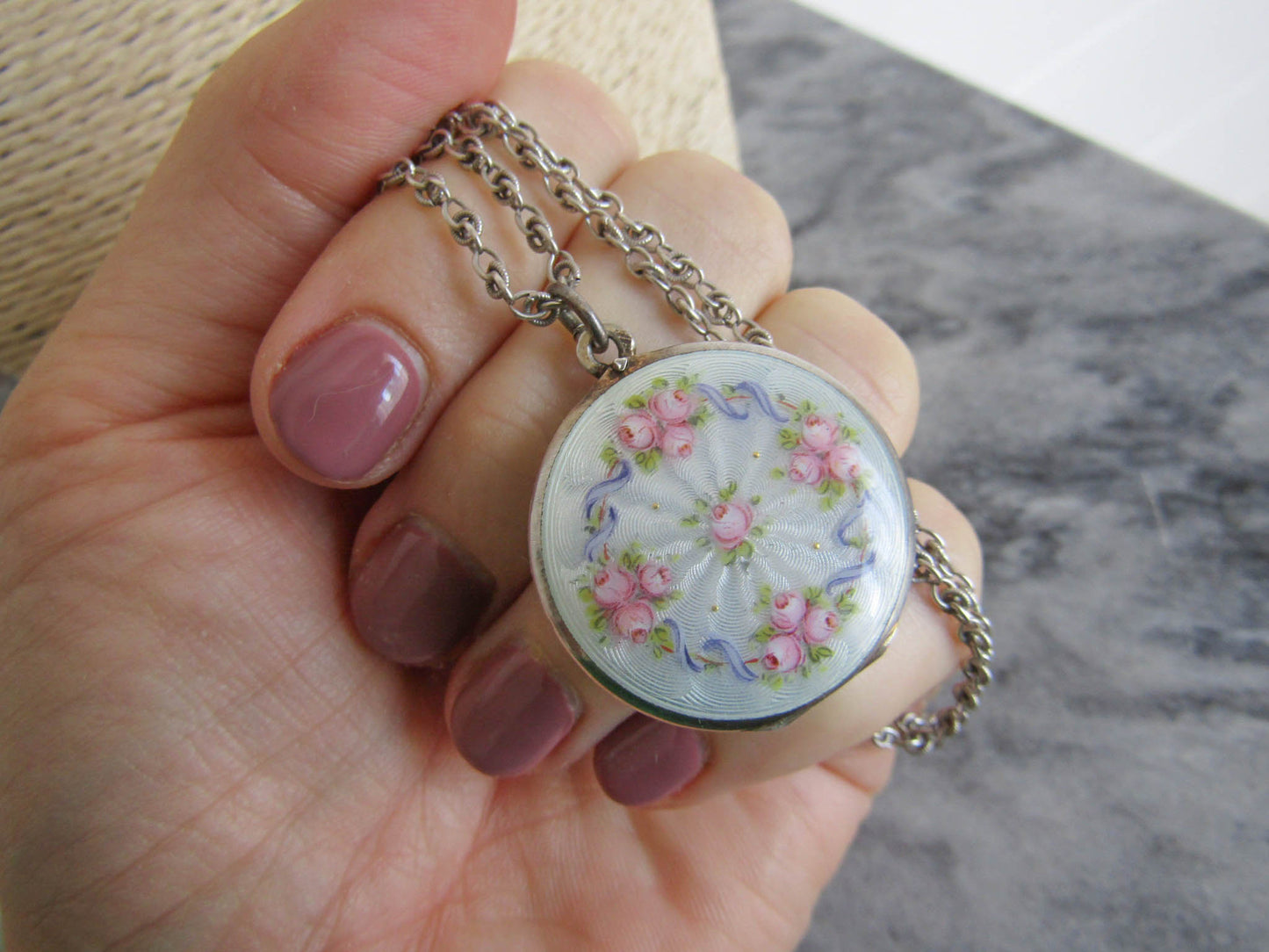 Antique Guilloche Engine Turned Enamel Locket, Hand Painted Floral Locket c. 1920