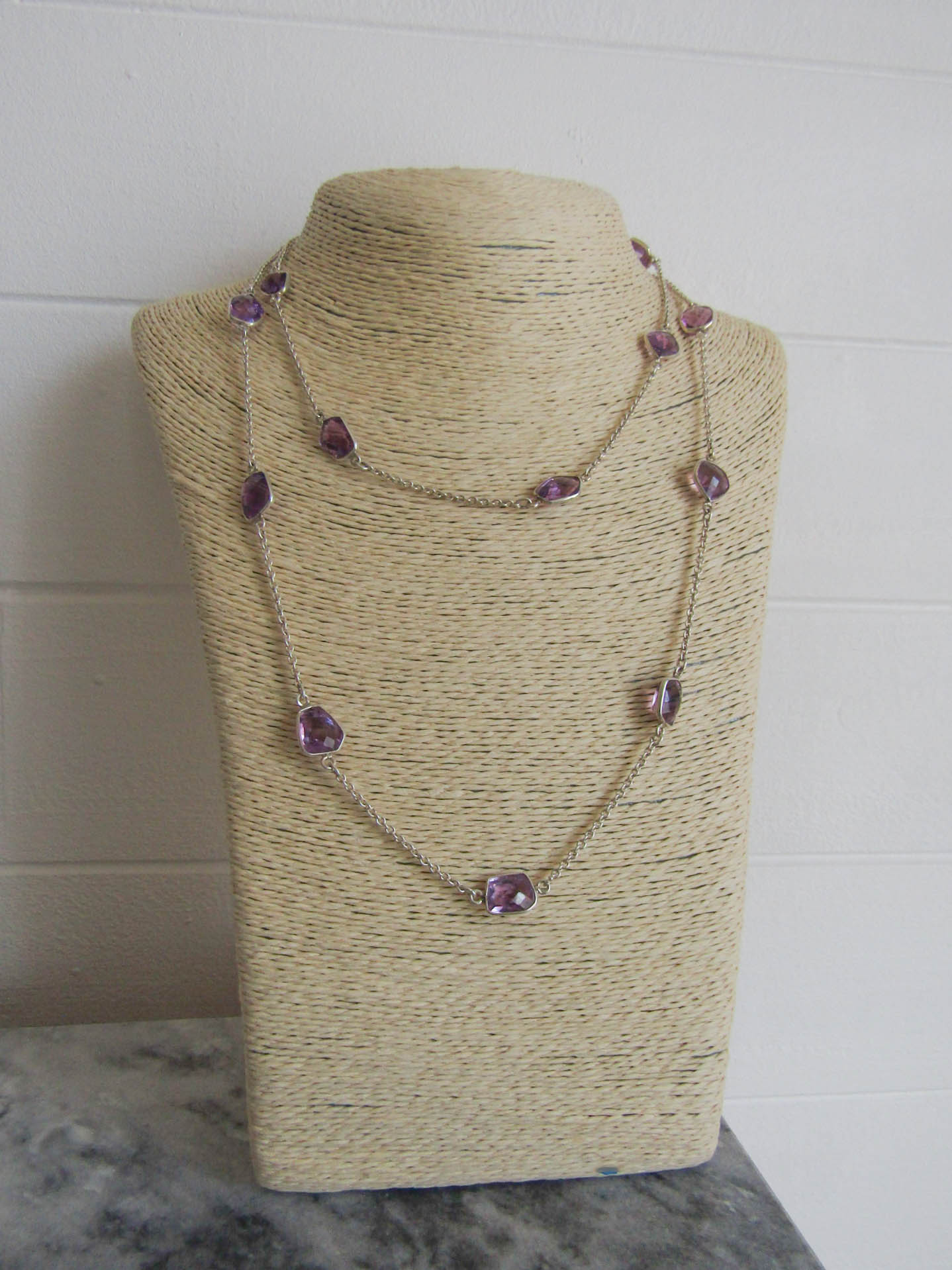 Silver Amethyst Station Necklace, Vintage Silver Checkerboard Cut Amethyst Sautoir