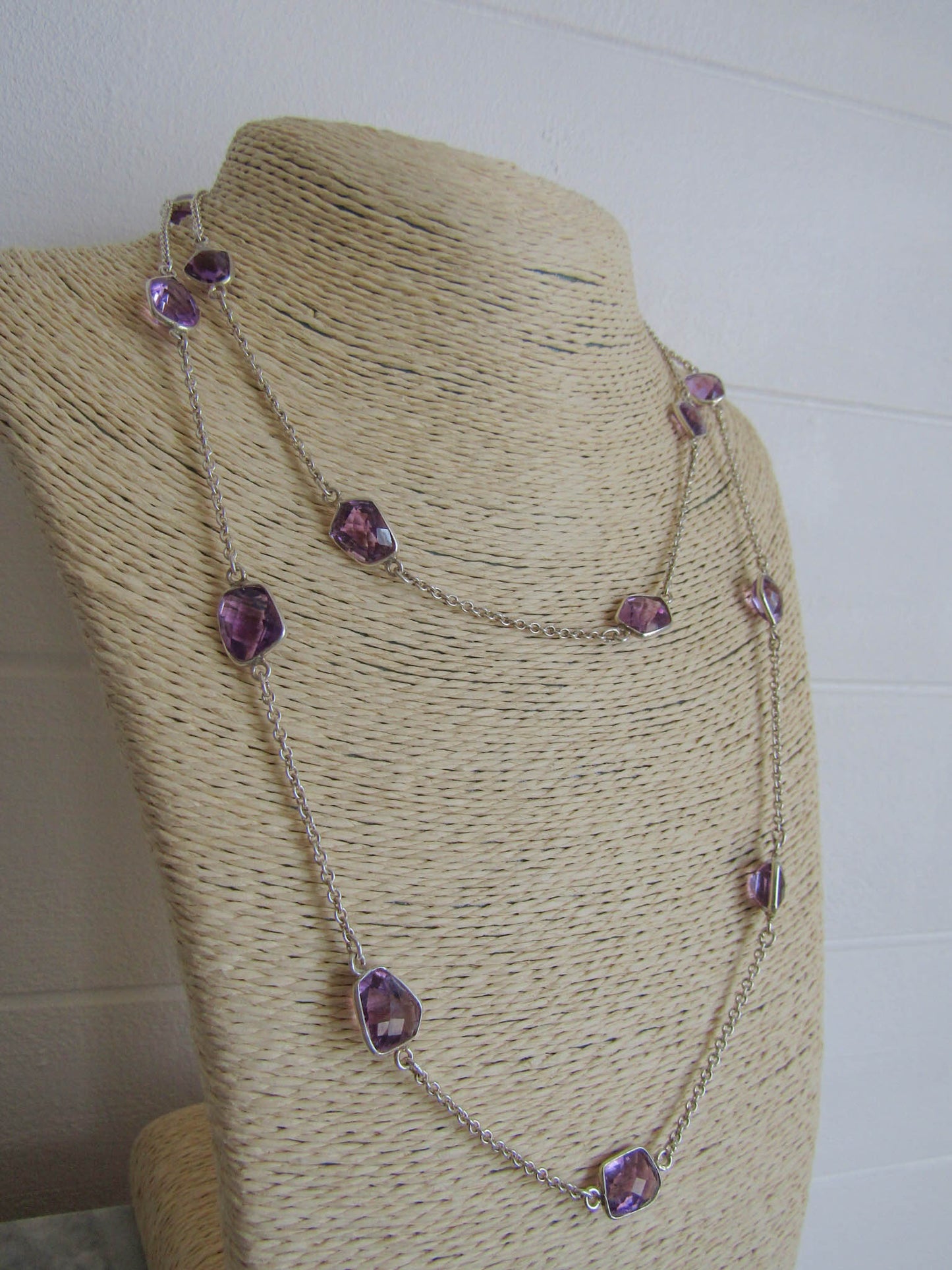 Silver Amethyst Station Necklace, Vintage Silver Checkerboard Cut Amethyst Sautoir