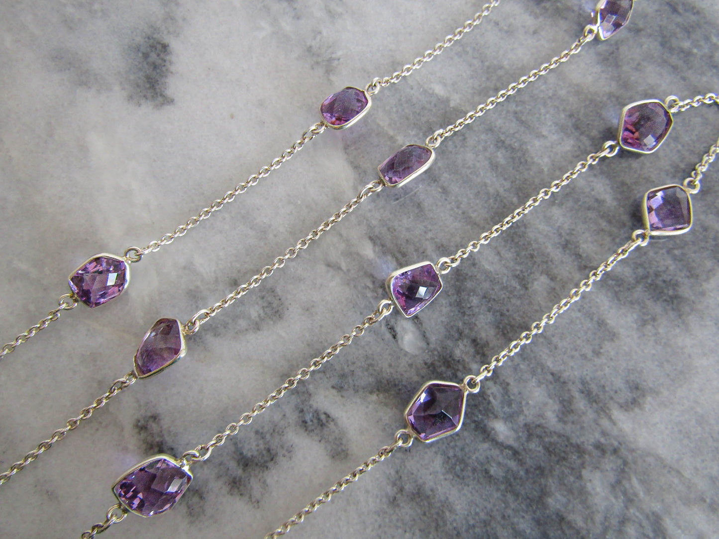 Silver Amethyst Station Necklace, Vintage Silver Checkerboard Cut Amethyst Sautoir