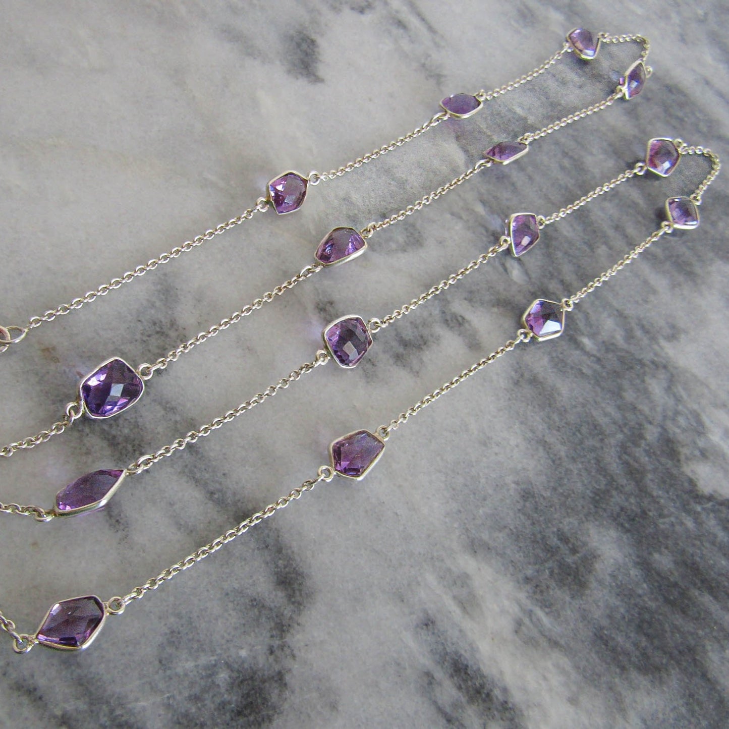 Silver Amethyst Station Necklace, Vintage Silver Checkerboard Cut Amethyst Sautoir