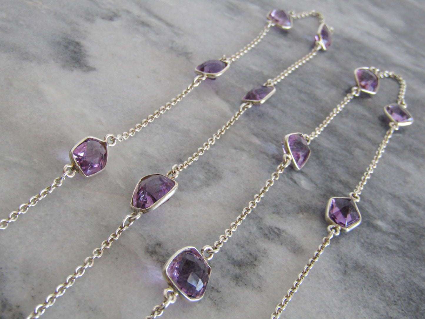 Silver Amethyst Station Necklace, Vintage Silver Checkerboard Cut Amethyst Sautoir